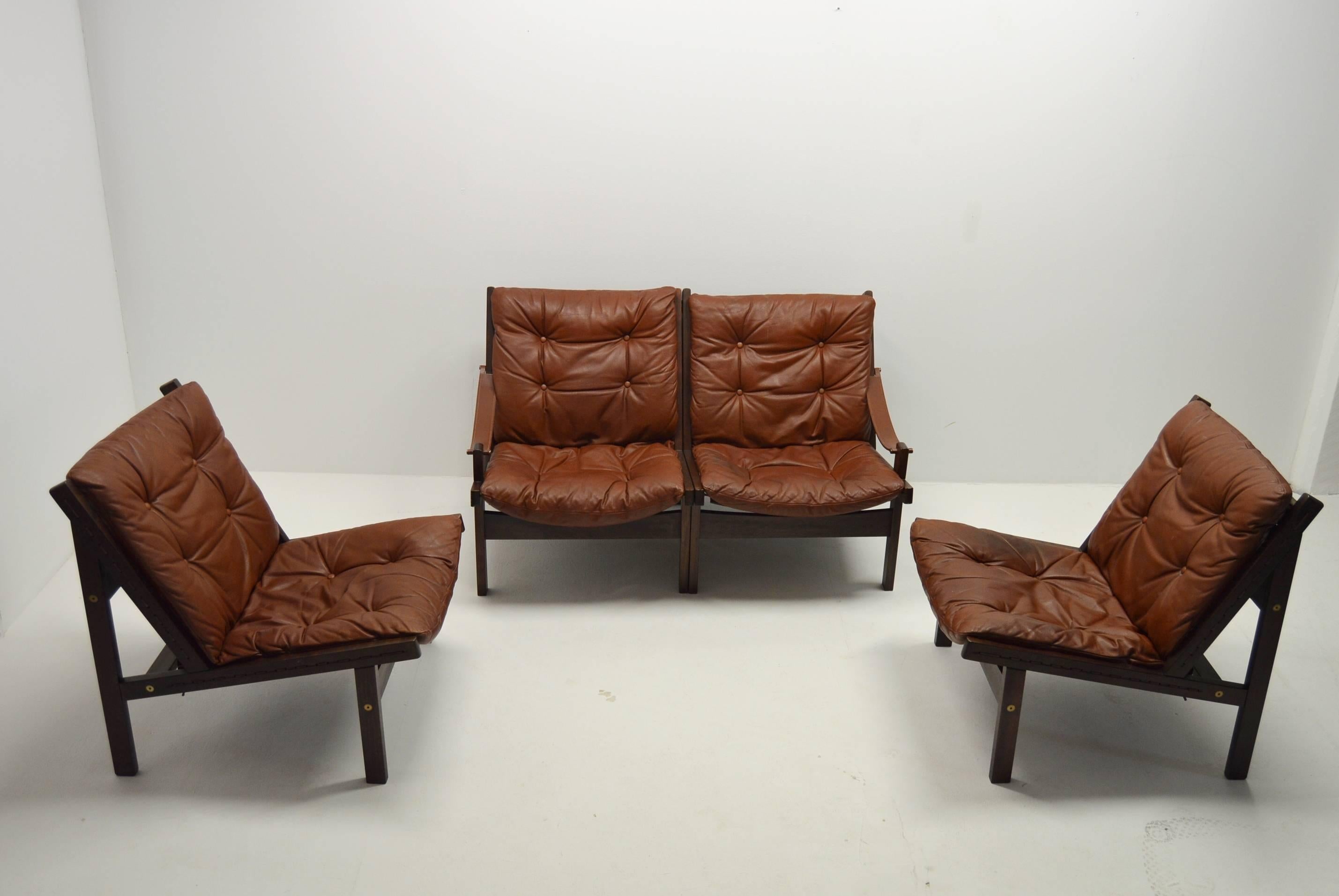 Mid-20th Century Torbjorn Afdal Hunter Modular Leather Sofa and Easy Chairs For Sale