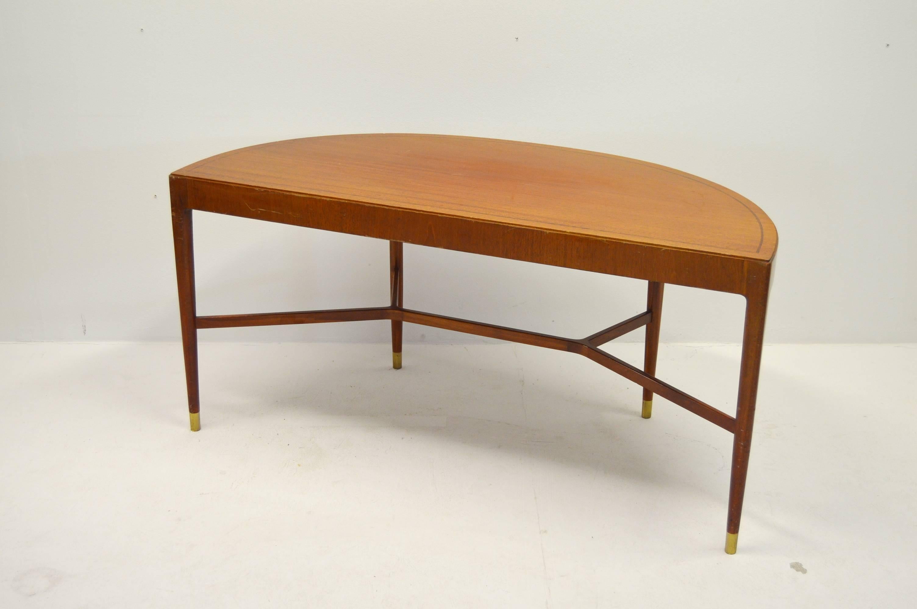 Mid-Century Modern 1950s Half Moon Mahogany Crescent or Console Table with Brass Fittings For Sale
