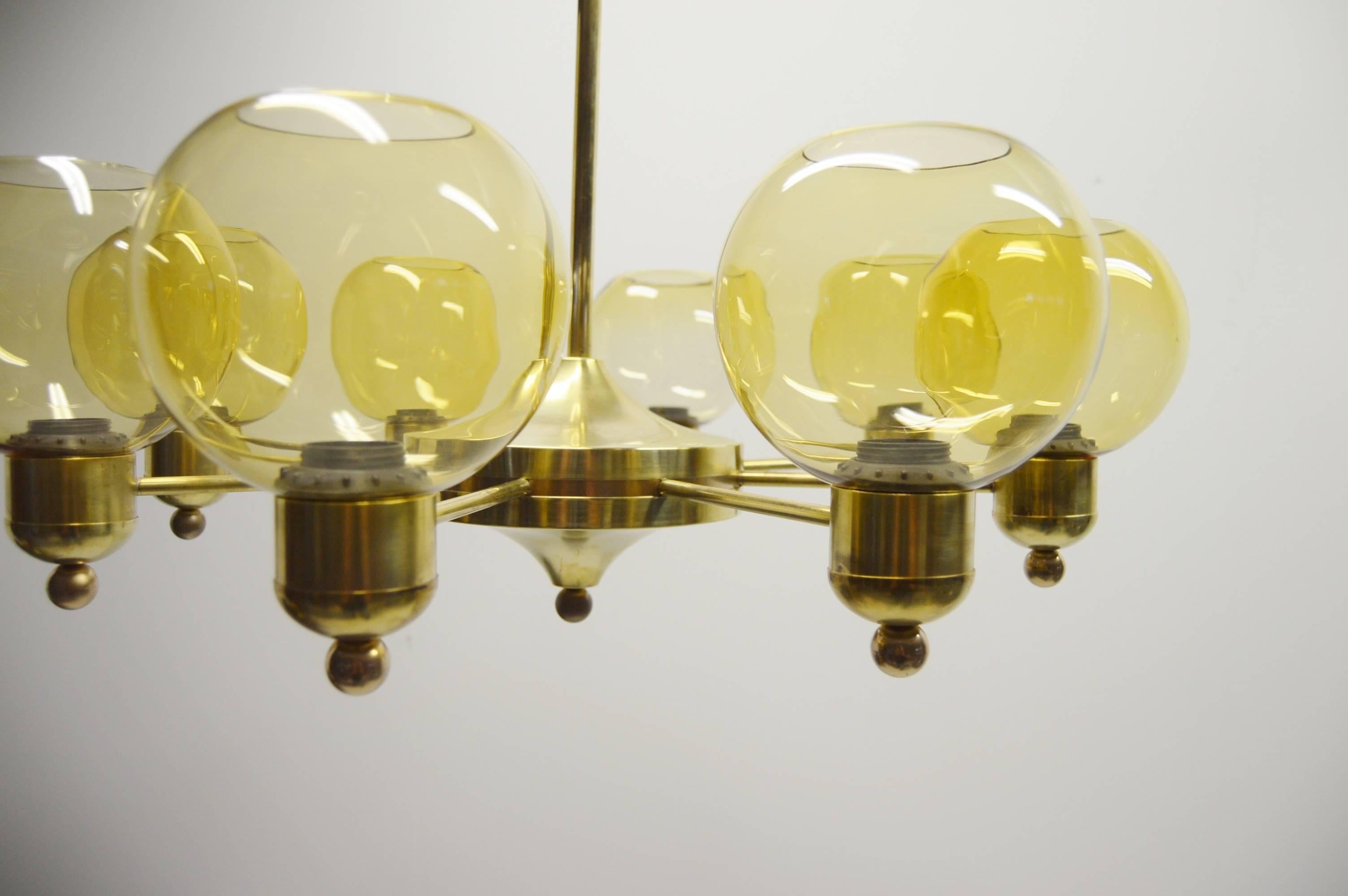 Swedish Large Pair of Brass Chandeliers of Unknown Design, circa 1960 For Sale