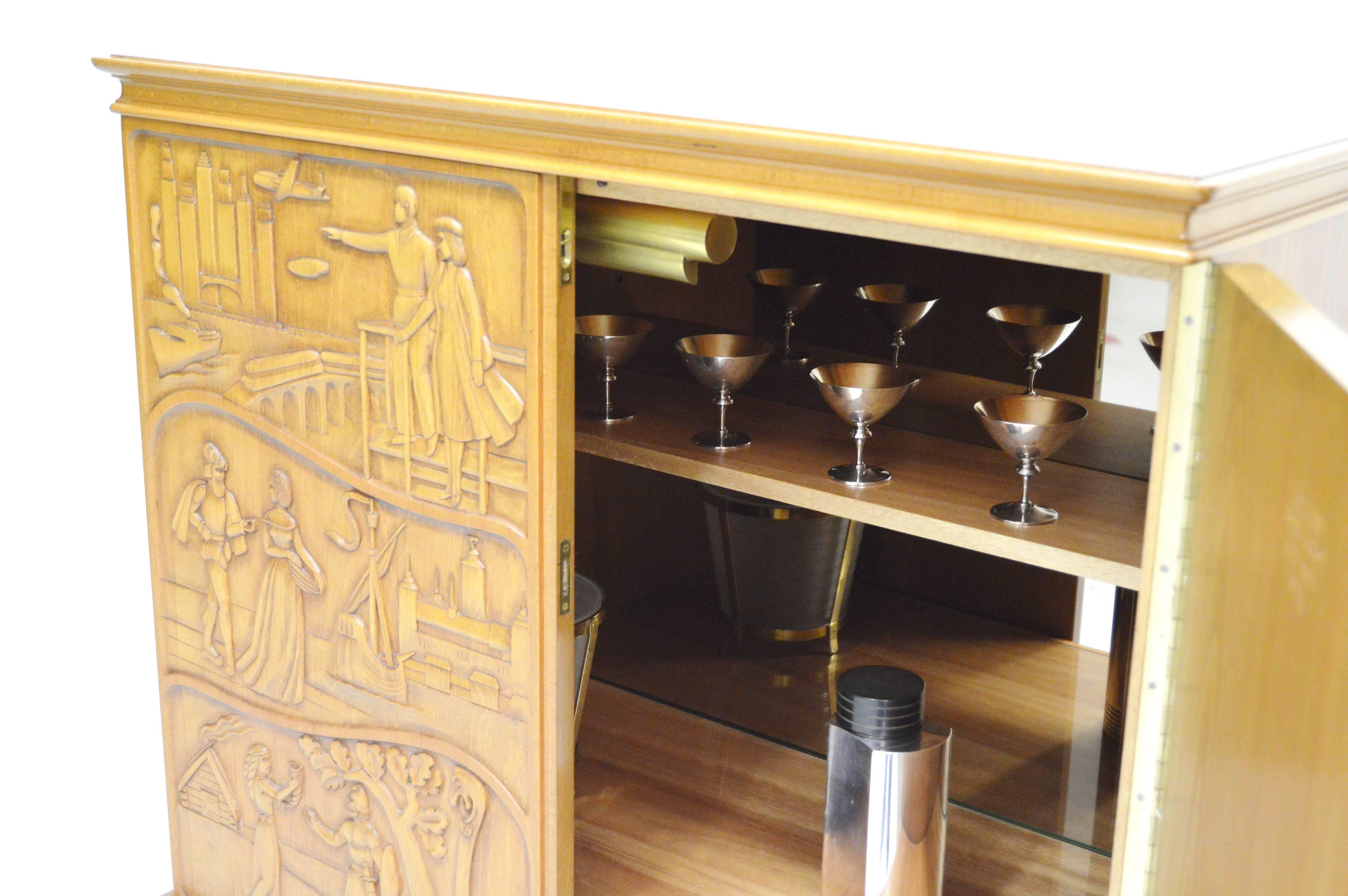 Swedish Carved Bar Cabinet with Mirror by Eugen Höglund Vetlanda For Sale