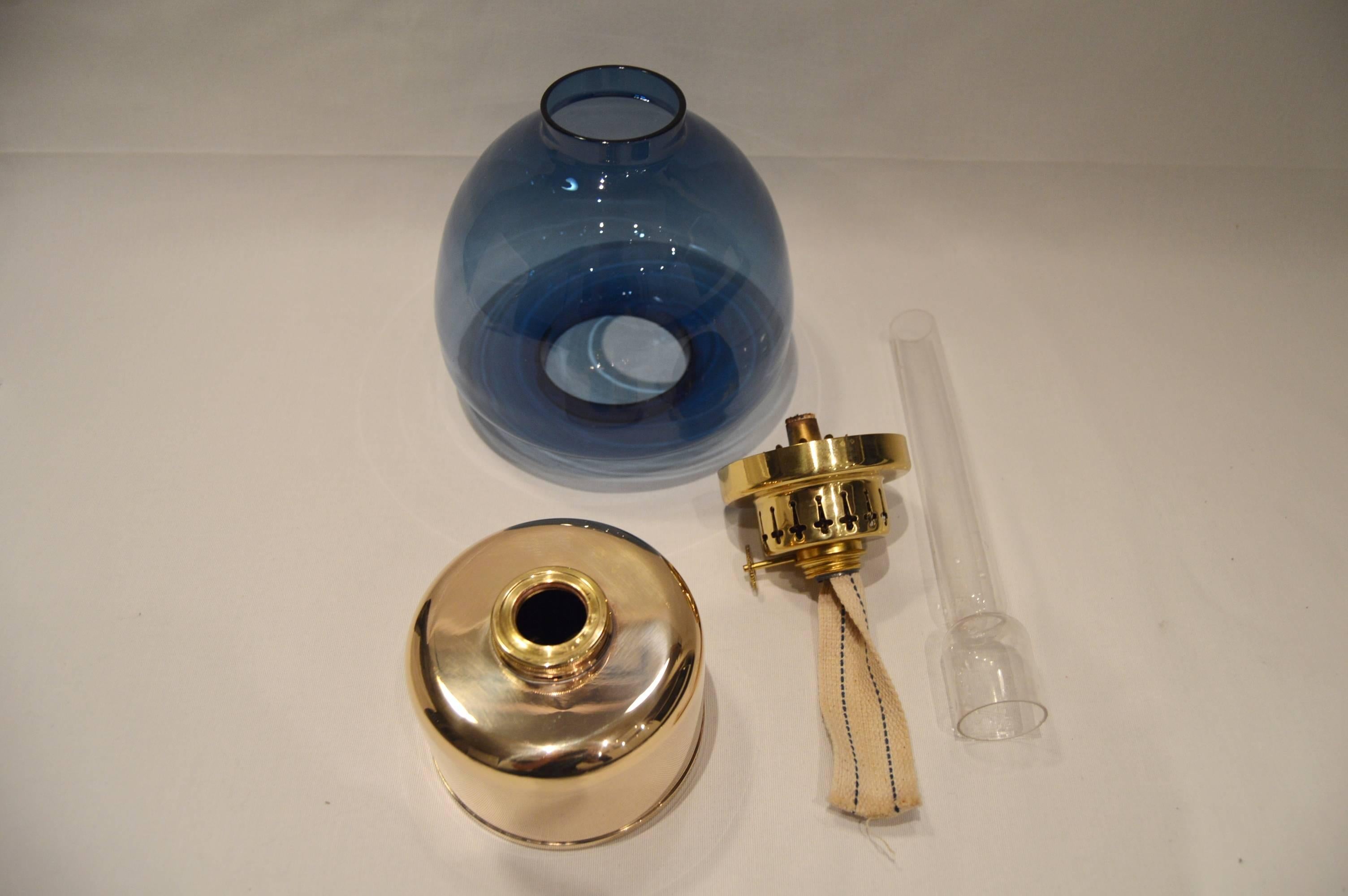 Blue Glass Kerosene /Oil Lamp in Brass Hans-Agne Jakobsson 1