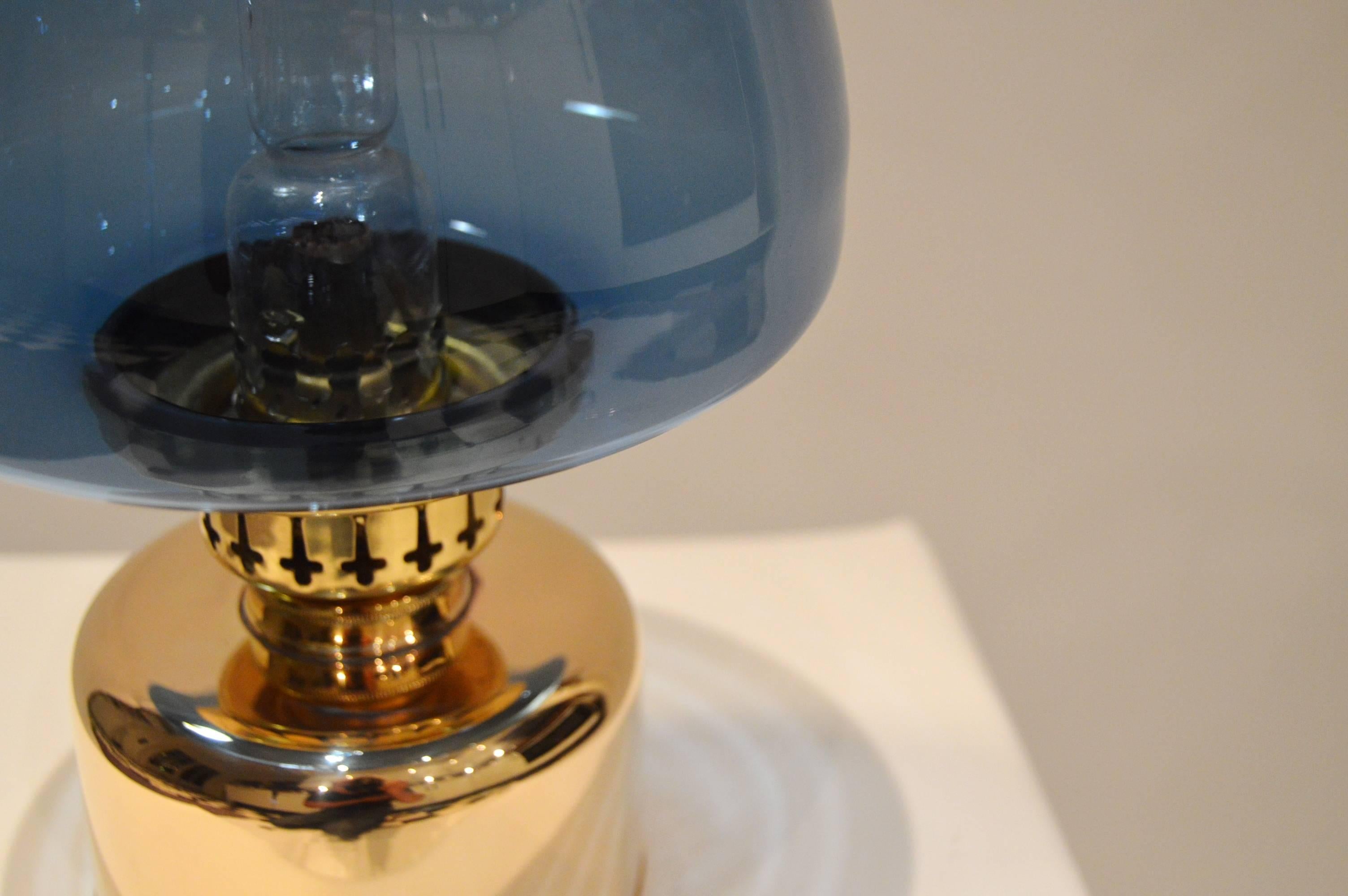 Blue Glass Kerosene /Oil Lamp in Brass Hans-Agne Jakobsson In Excellent Condition In Alvesta, SE