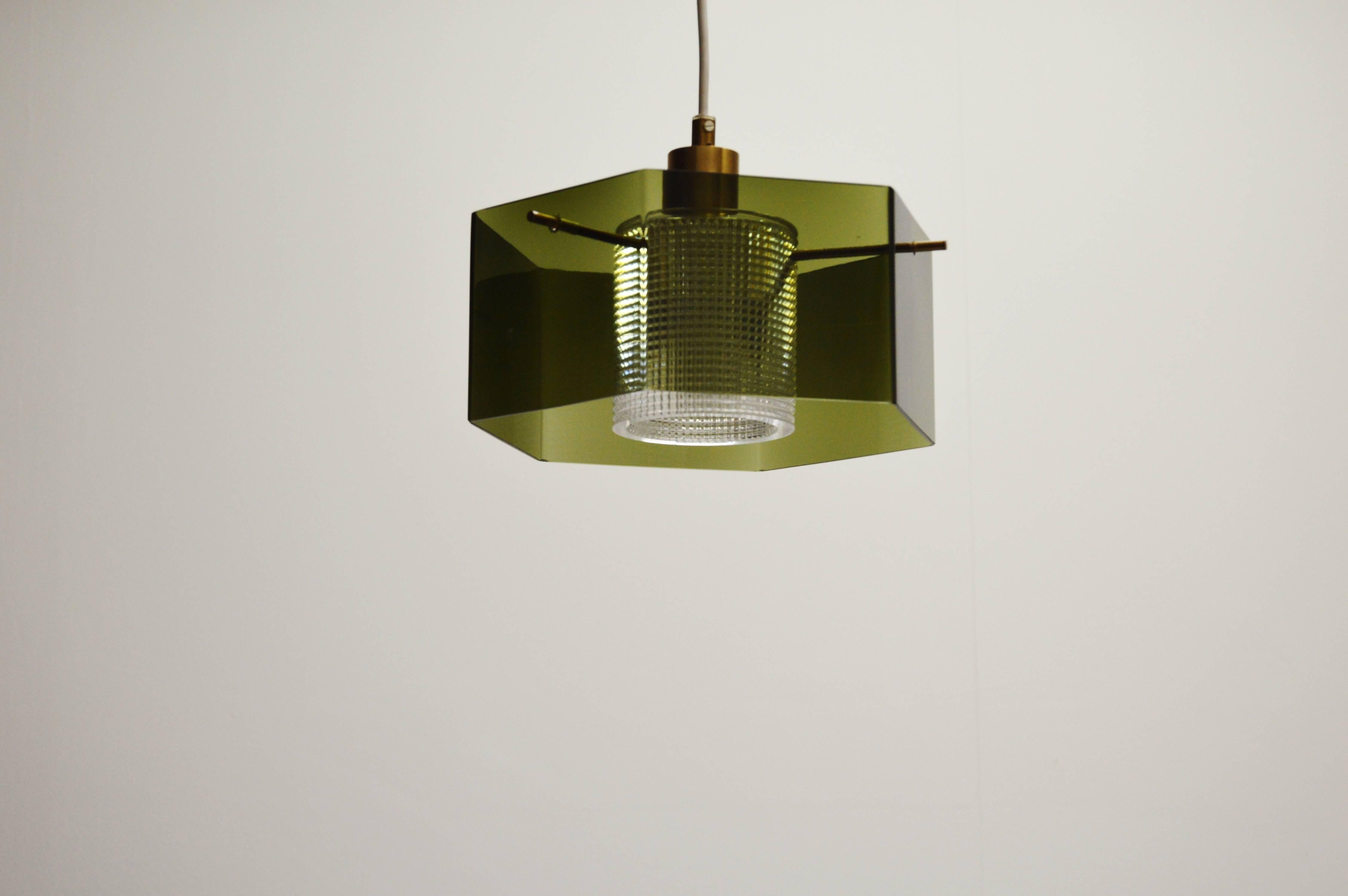 Brass Orrefors Carl Fagerlund Ceiling Light with Handblown Green Glass For Sale