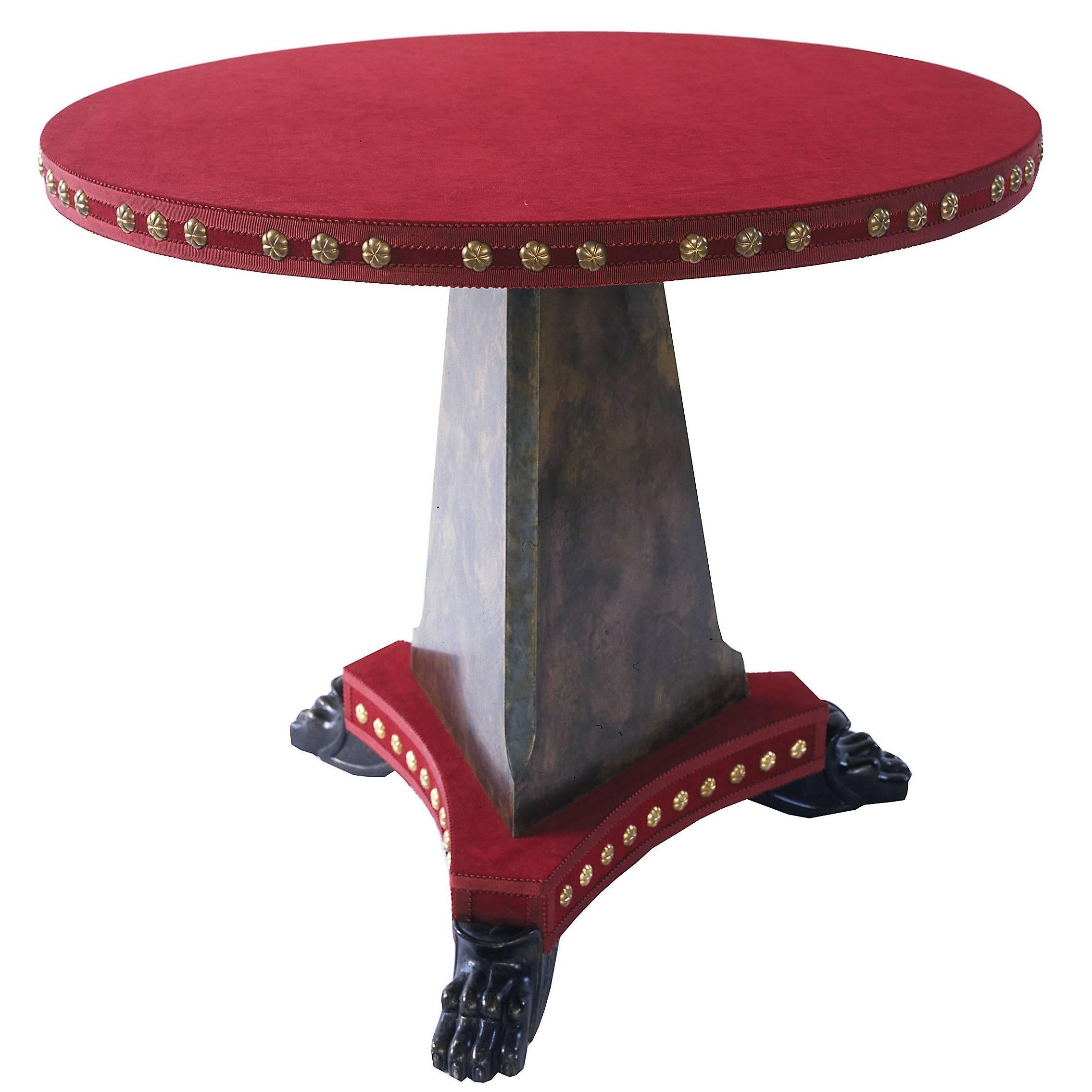 Tiberius Velvet Covered Pedestal Table with Bronzed Base For Sale