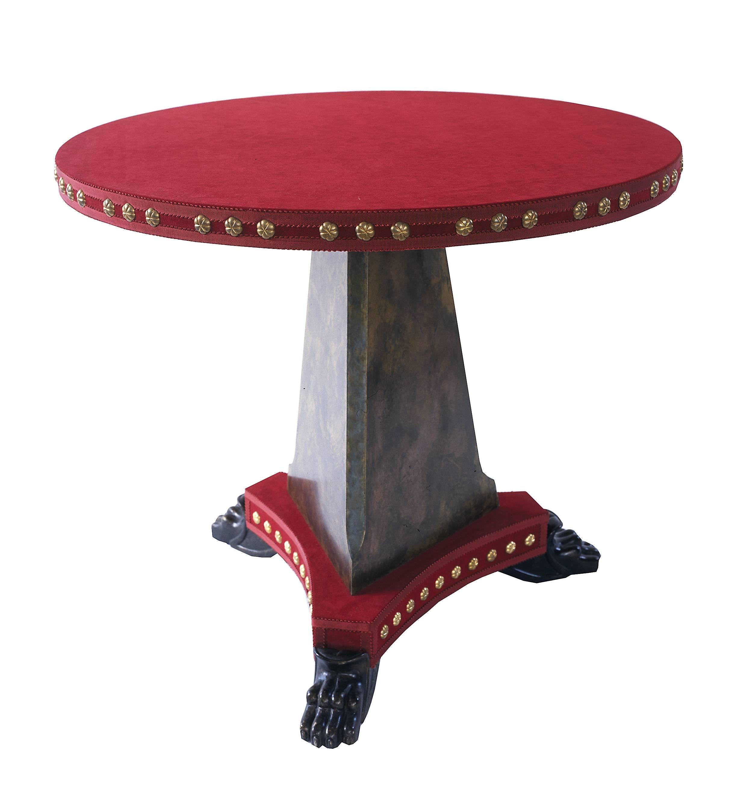 The Tiberius velvet covered pedestal centre table with tripod base shown here in studded brown velvet, is part of the velvet furniture collection designed by Alidad Ltd and Thomas Messel and based on Baroque and Neoclassical shapes. Can be