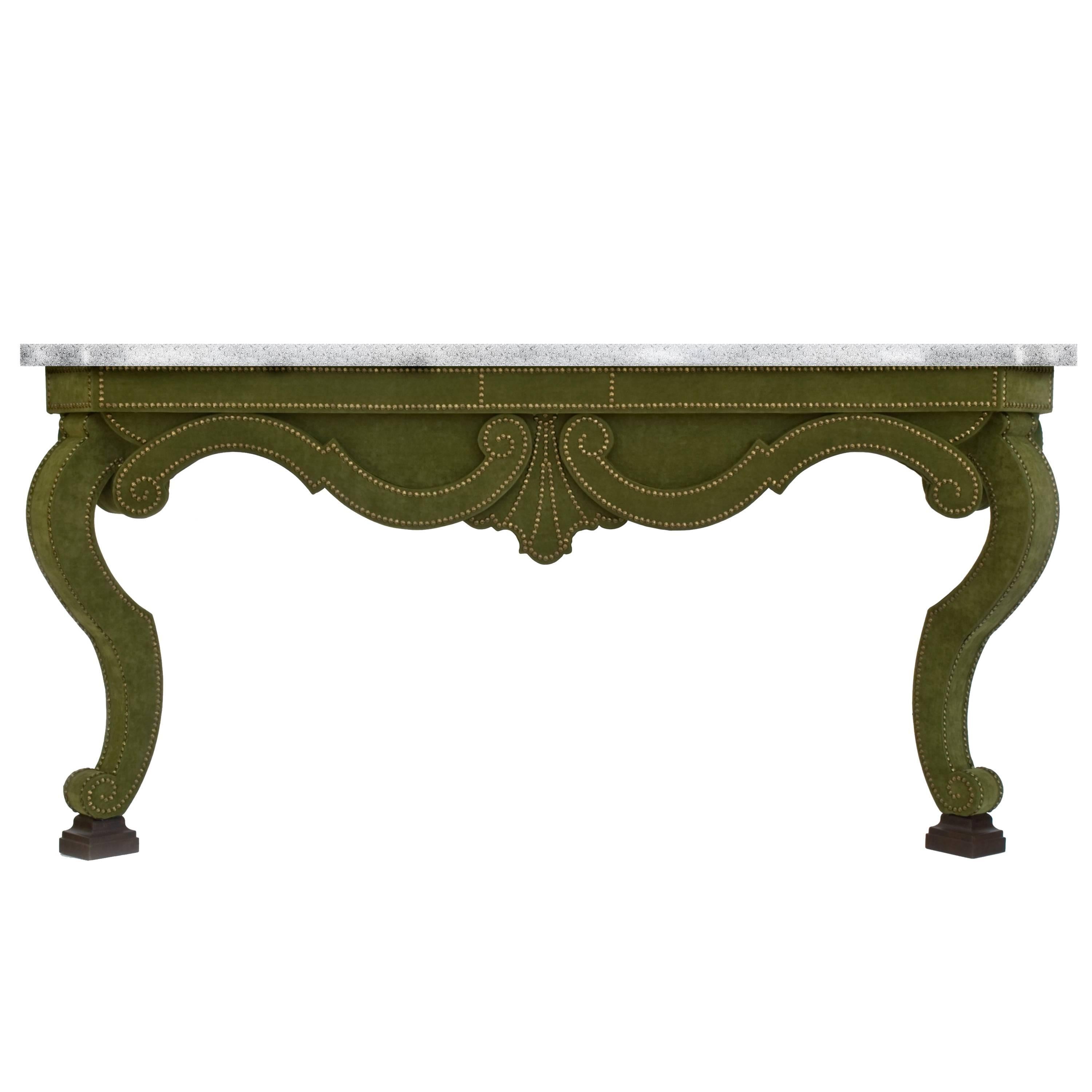 Augustus Console Table in Green Velvet and Limestone Top For Sale