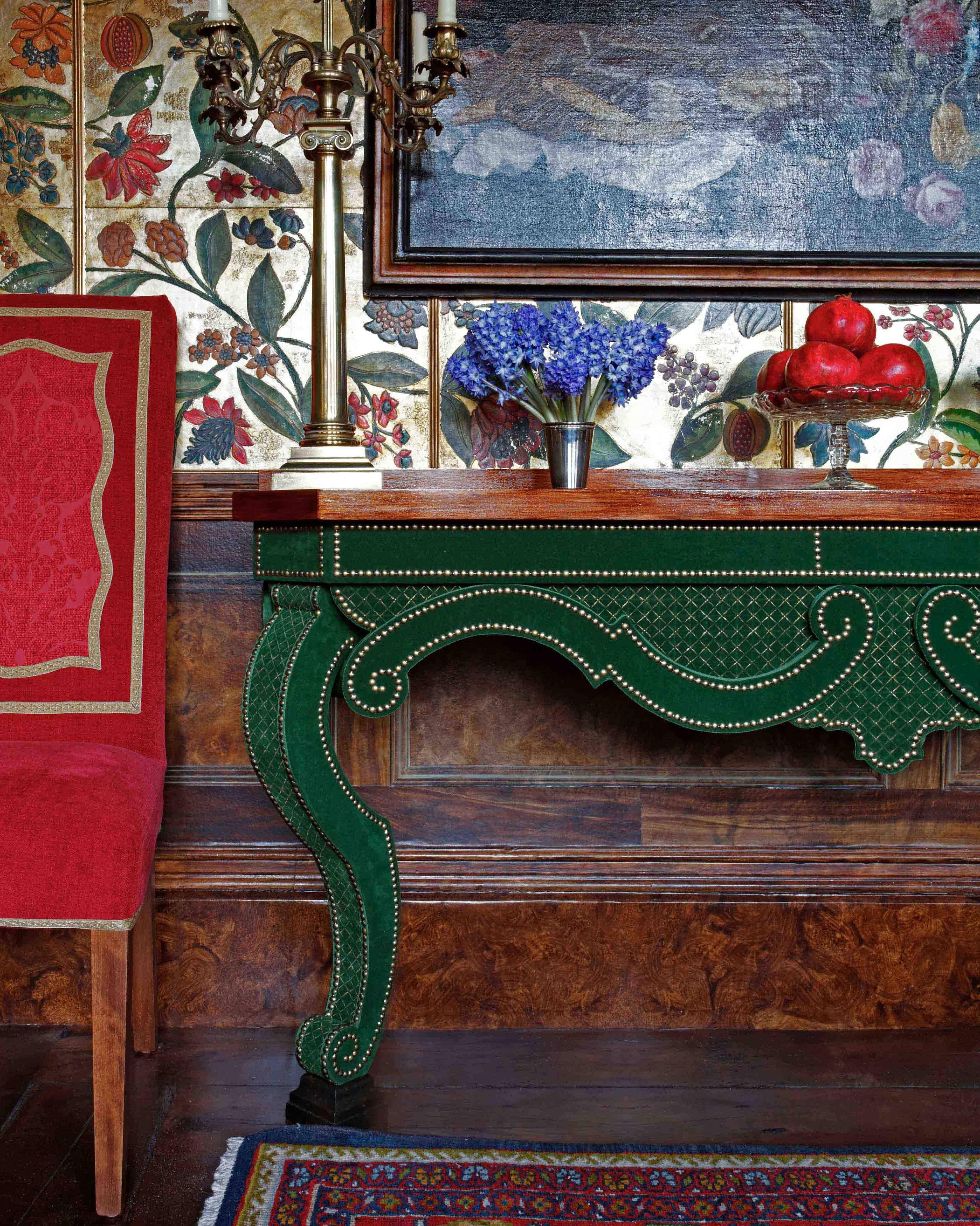Augustus Console Table in Green Velvet and Limestone Top For Sale 1