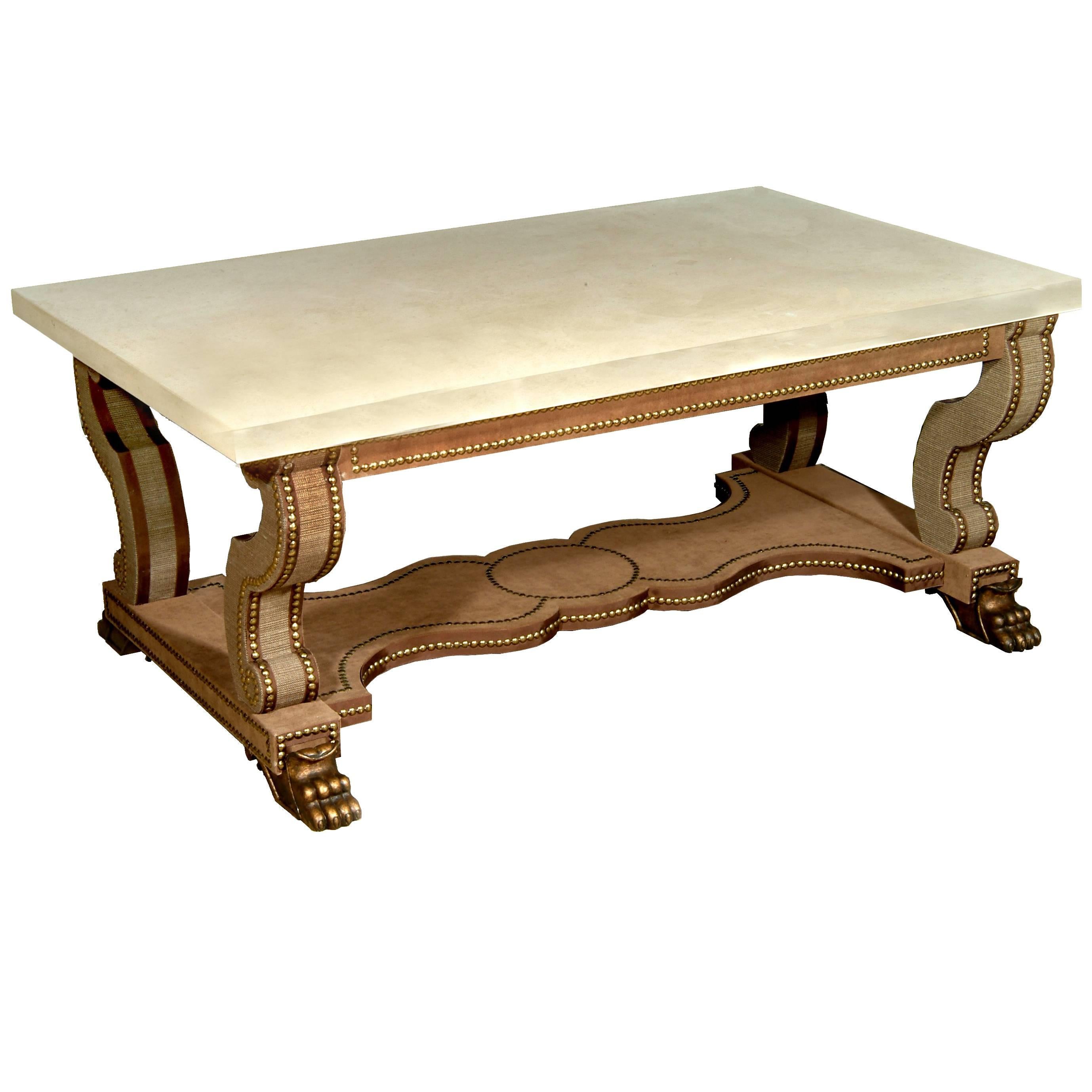 Trajan Velvet Covered Coffee Table with Limestone Top For Sale