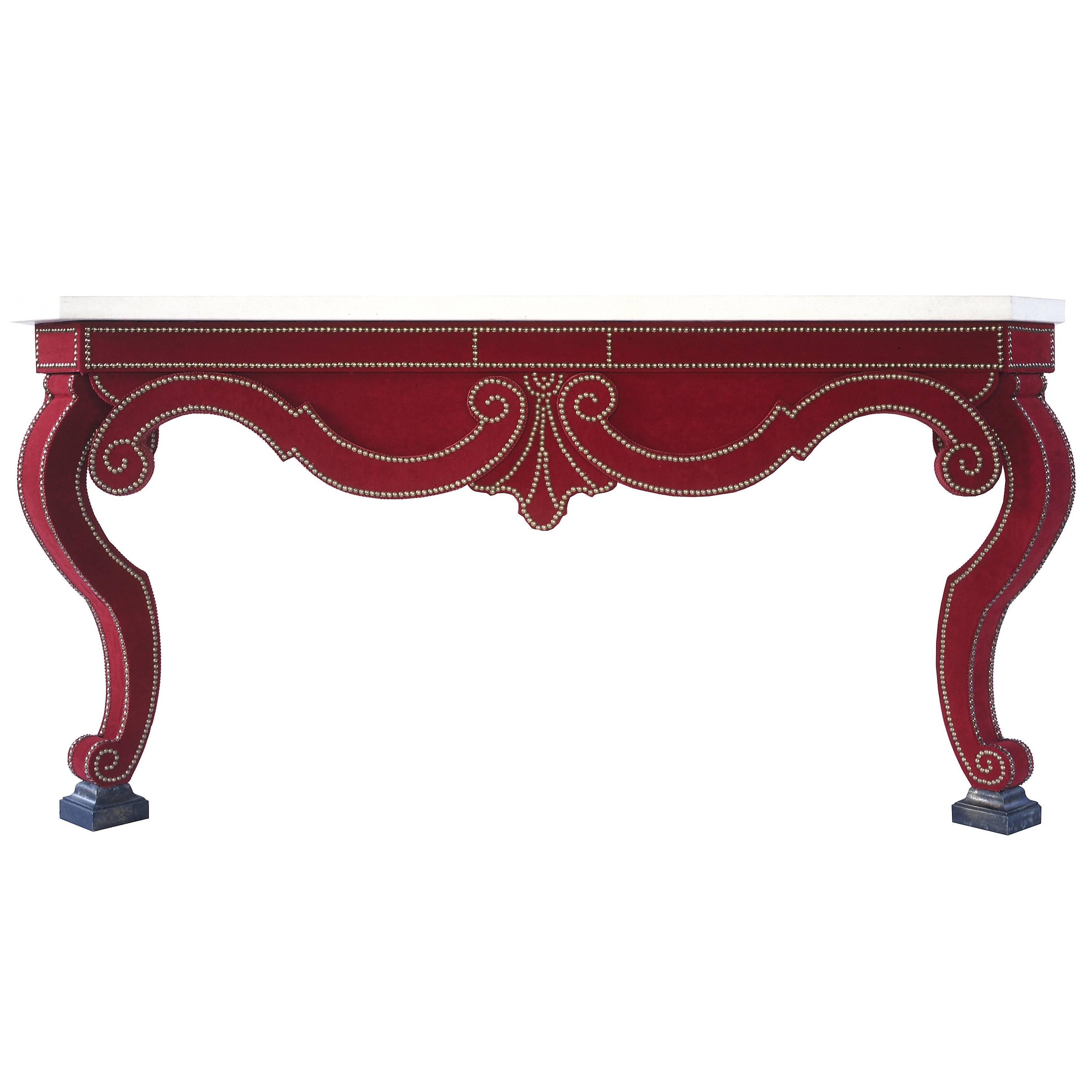 Augustus Console Table in Red Velvet and Limestone Top For Sale