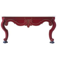 Augustus Console Table in Red Velvet and Limestone Top