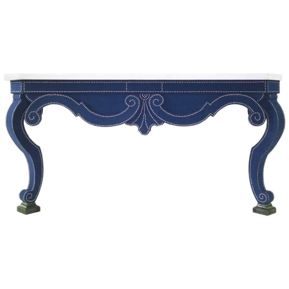 Augustus Velvet Console Table in Blue with Limestone Top For Sale