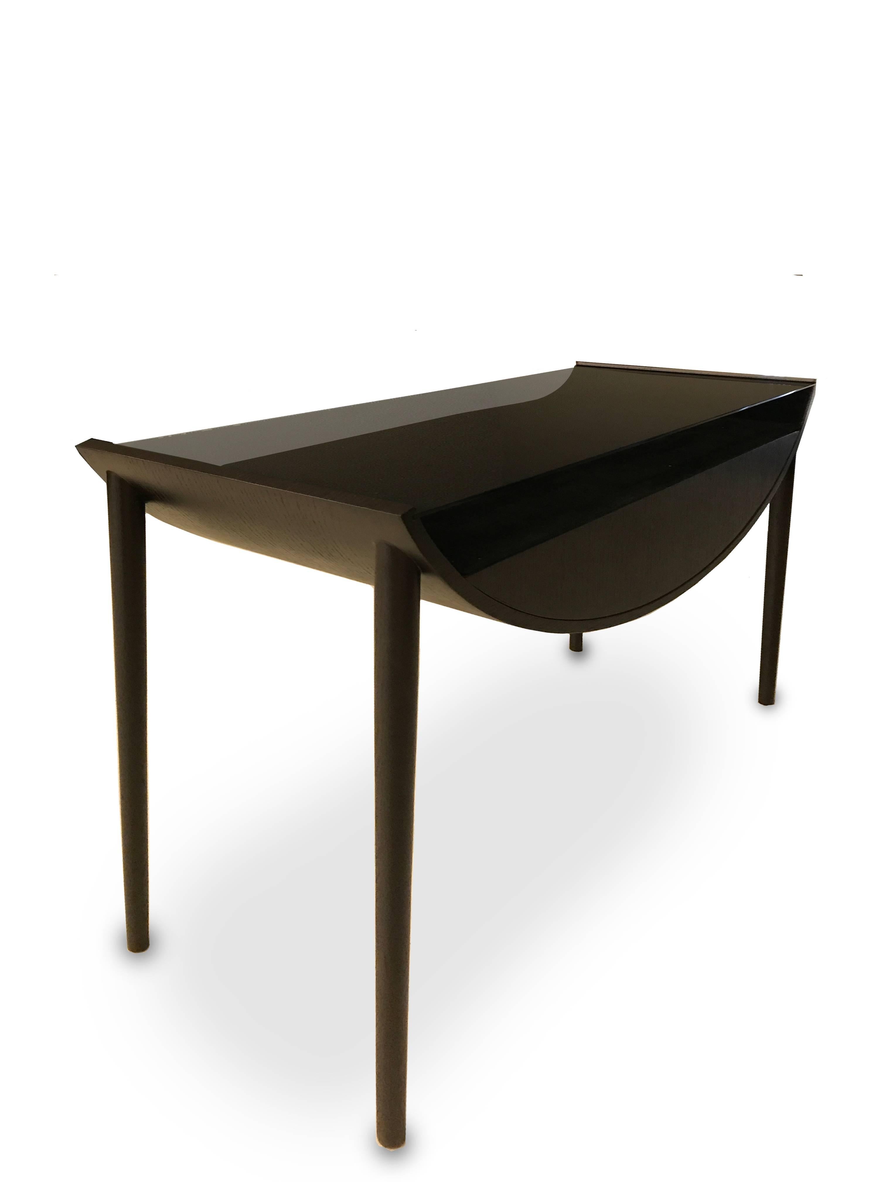 Chocolate oak console or dresser table with smoked glass on top and charcoal ecological faux suede. 
Oak venire in semi-matte finish. 

Made to order in variety of veneers (matte, gloss, etc) and various glass surfaces (smoked, crystal glass etc)