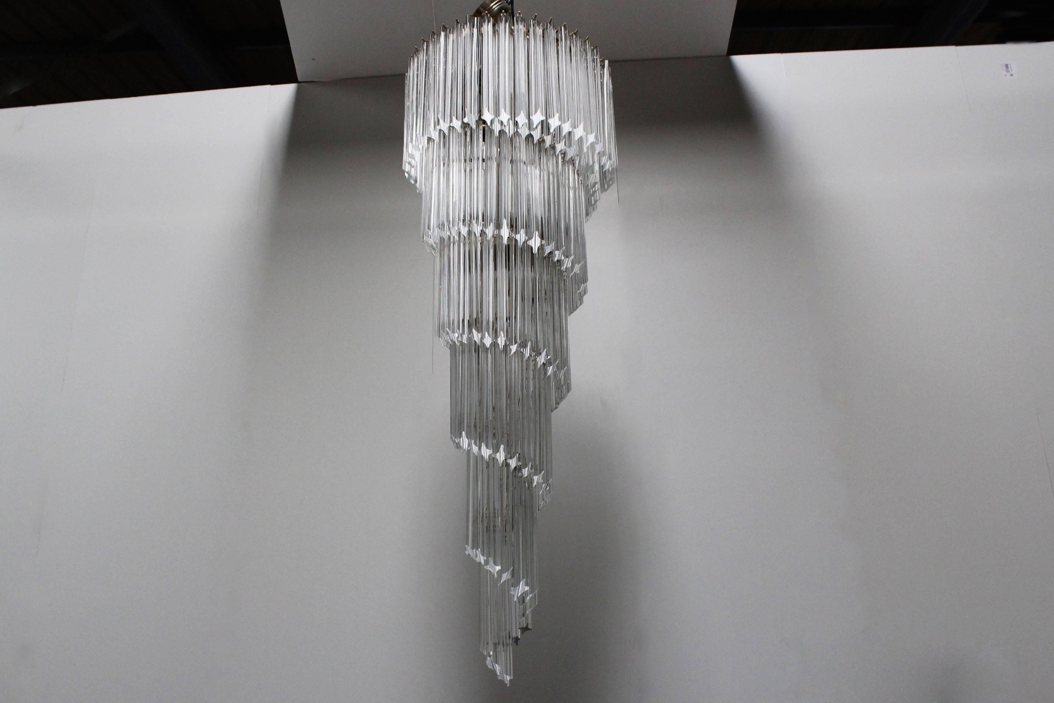 Brass Large Mid-Century Italian Crystal Prism Spiral Chandelier by Paolo Venini, 1960