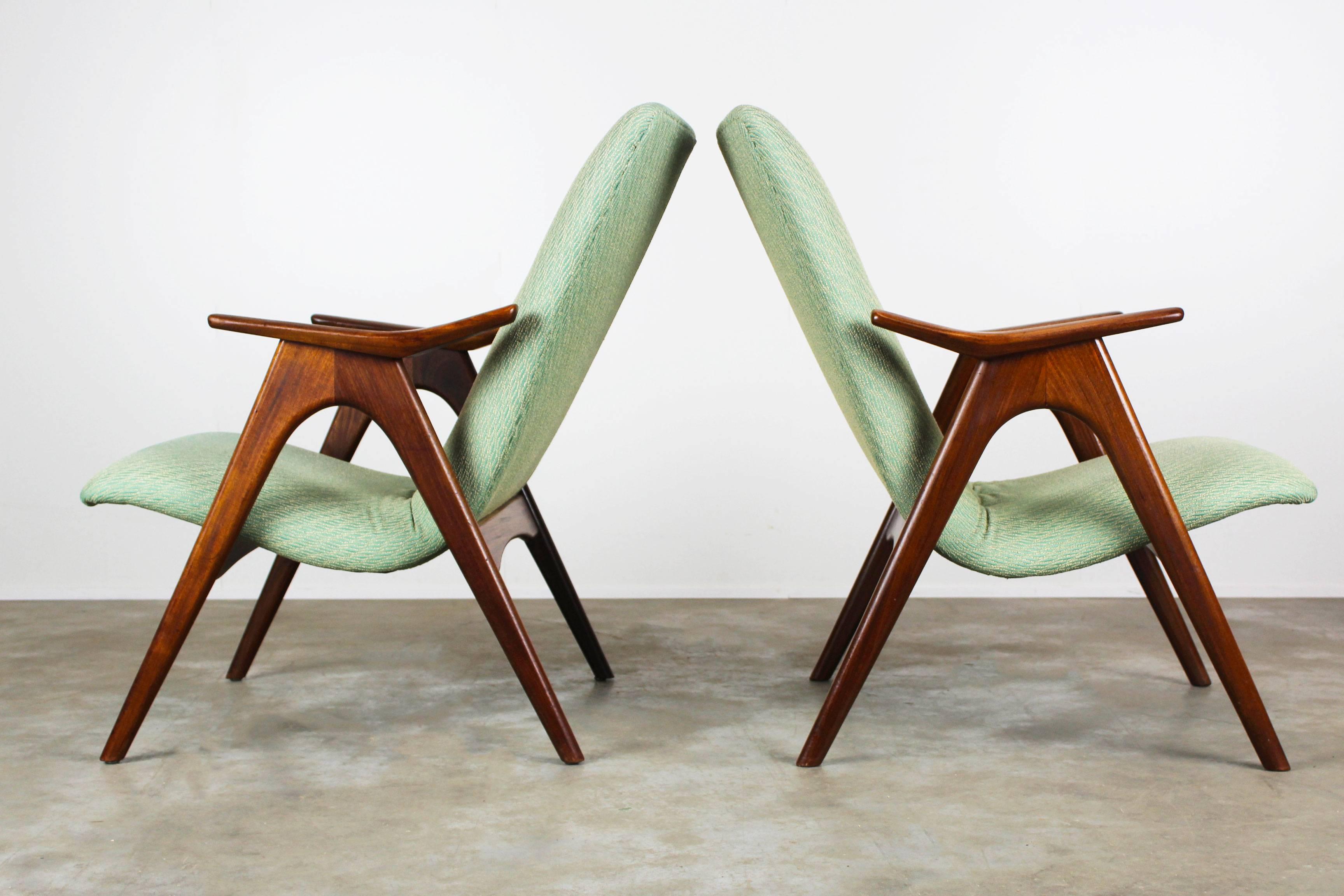 Pair of Louis Van Teeffelen Lounge Chairs for Webe, 1960 Solid Teak Green White In Good Condition In Ijzendijke, NL