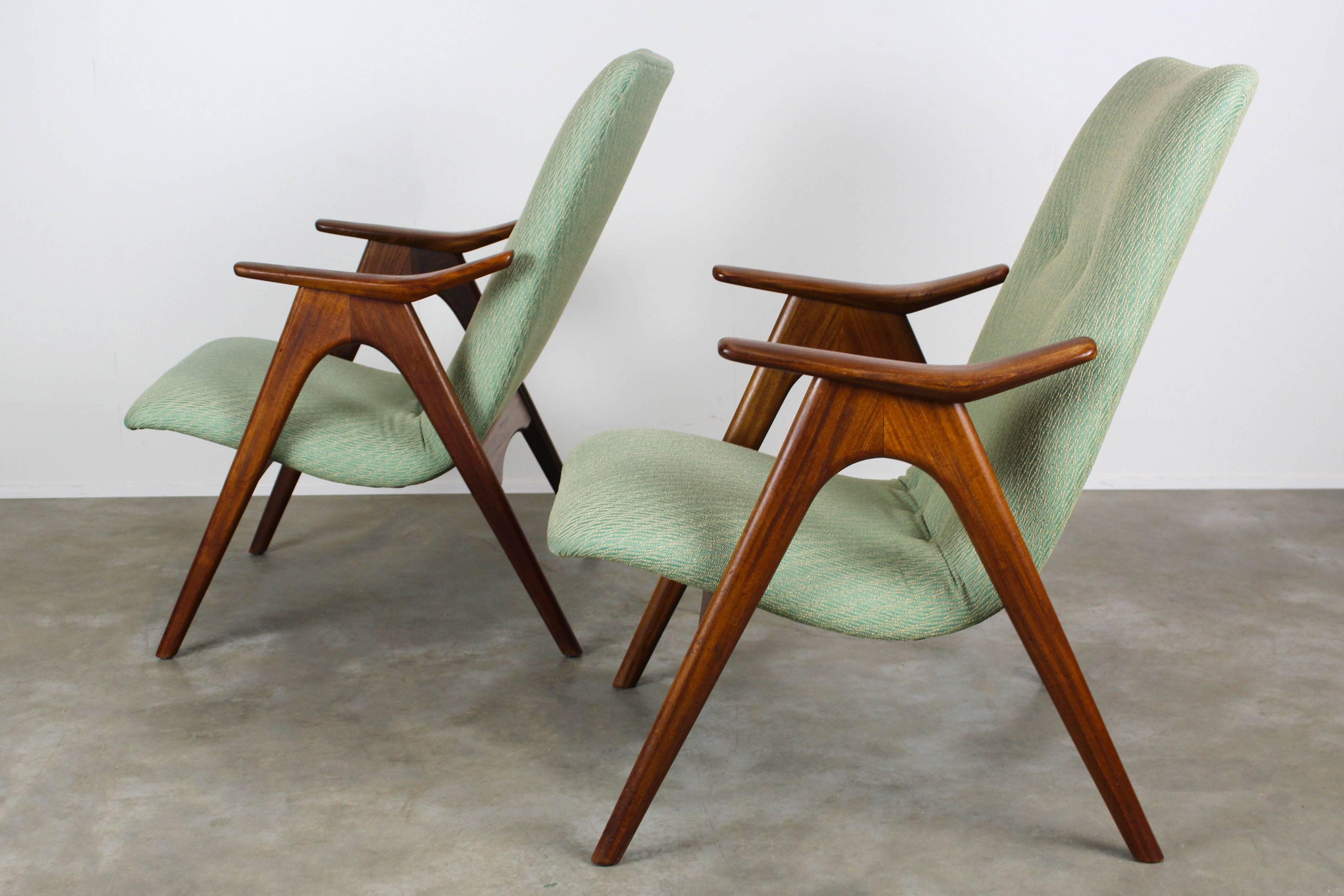 Fabric Pair of Louis Van Teeffelen Lounge Chairs for Webe, 1960 Solid Teak Green White