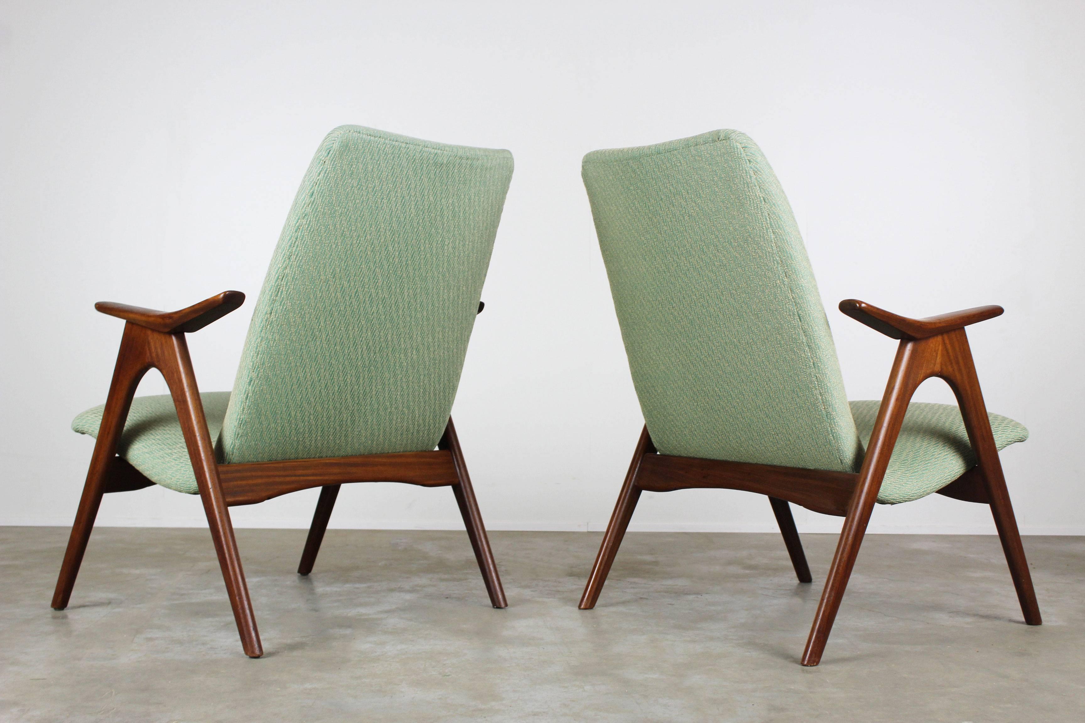 Dutch Pair of Louis Van Teeffelen Lounge Chairs for Webe, 1960 Solid Teak Green White