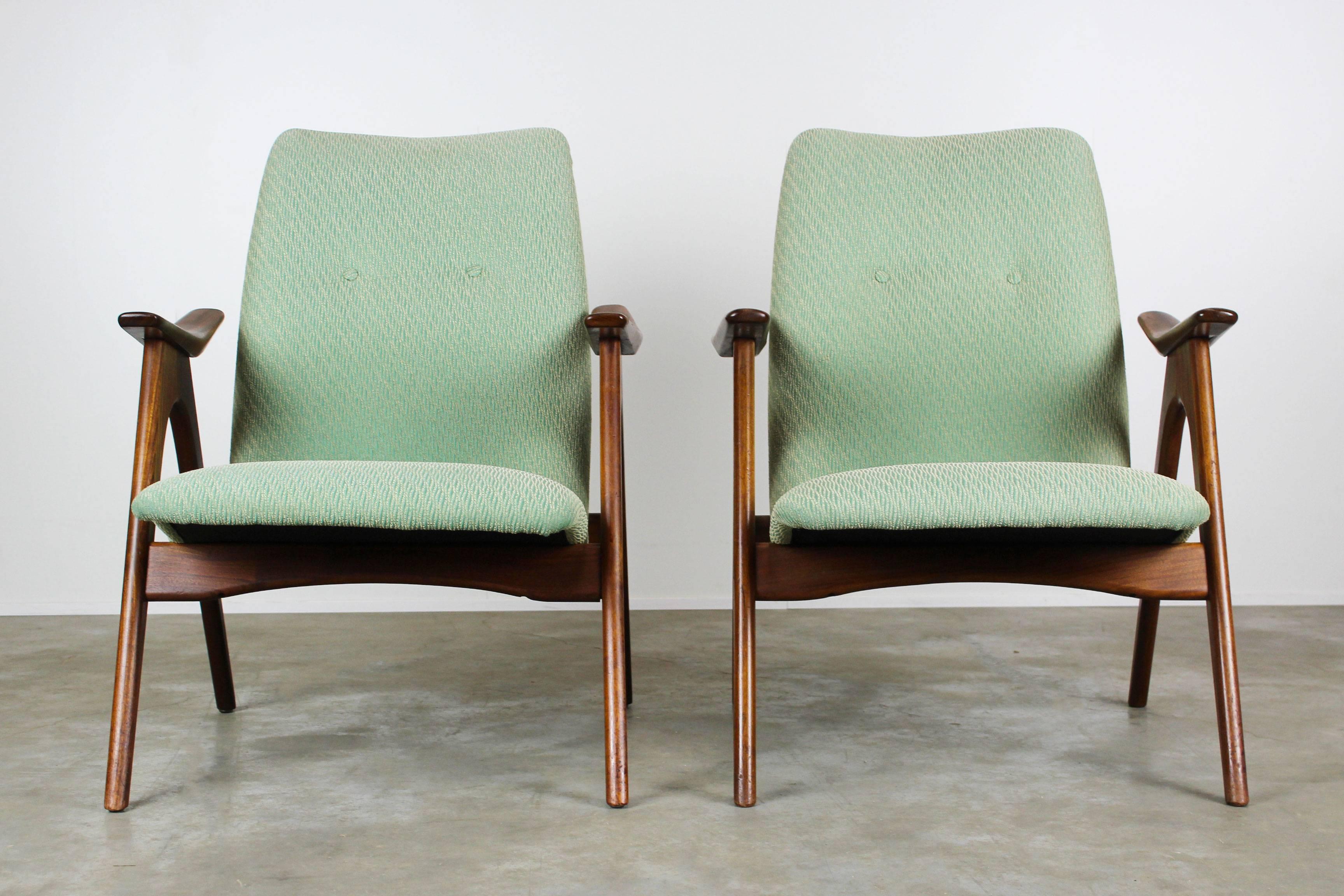 Mid-20th Century Pair of Louis Van Teeffelen Lounge Chairs for Webe, 1960 Solid Teak Green White