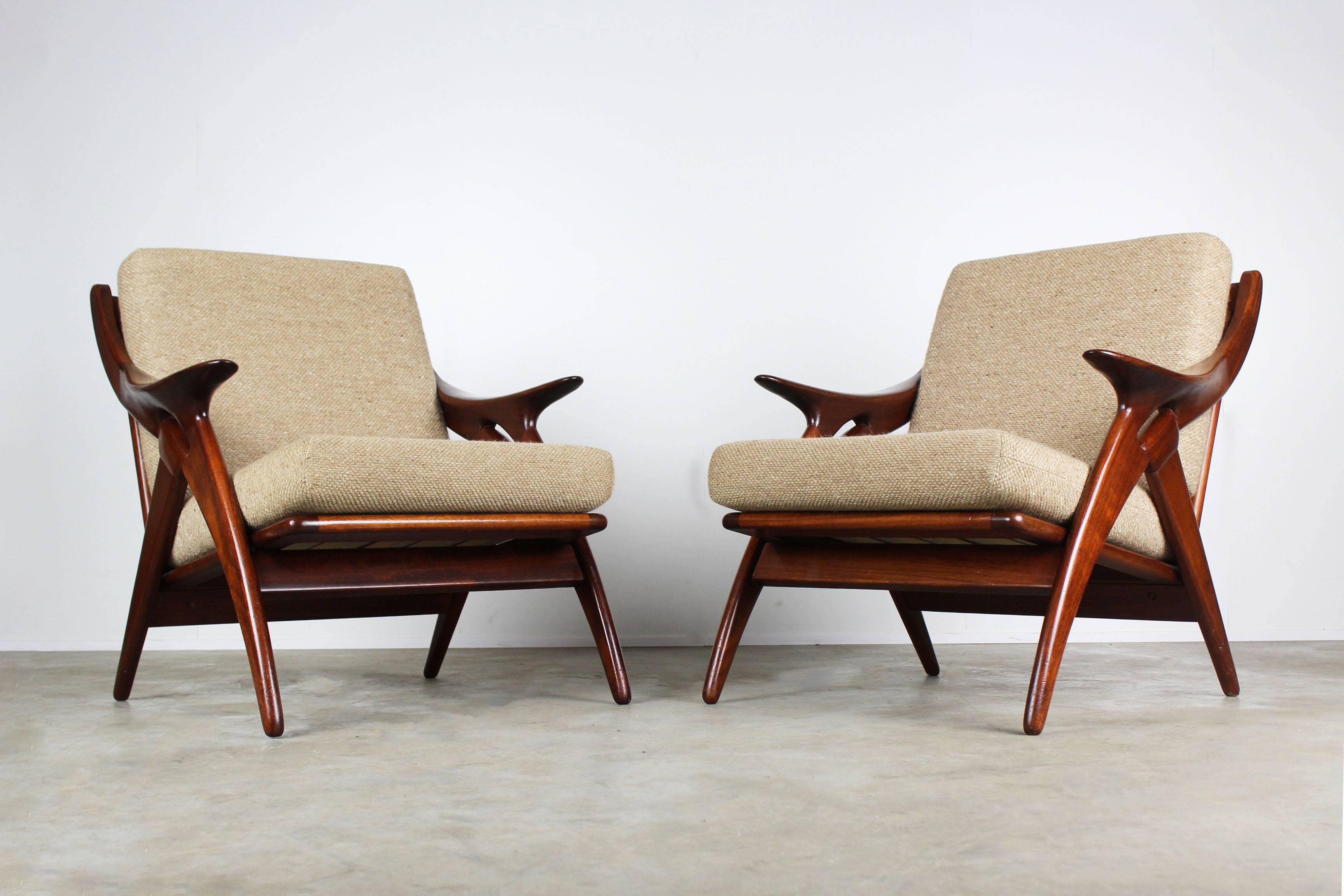 Wool Set of Two ''De Knoop'' Teak Lounge Chairs by De Ster Gelderland, 1960