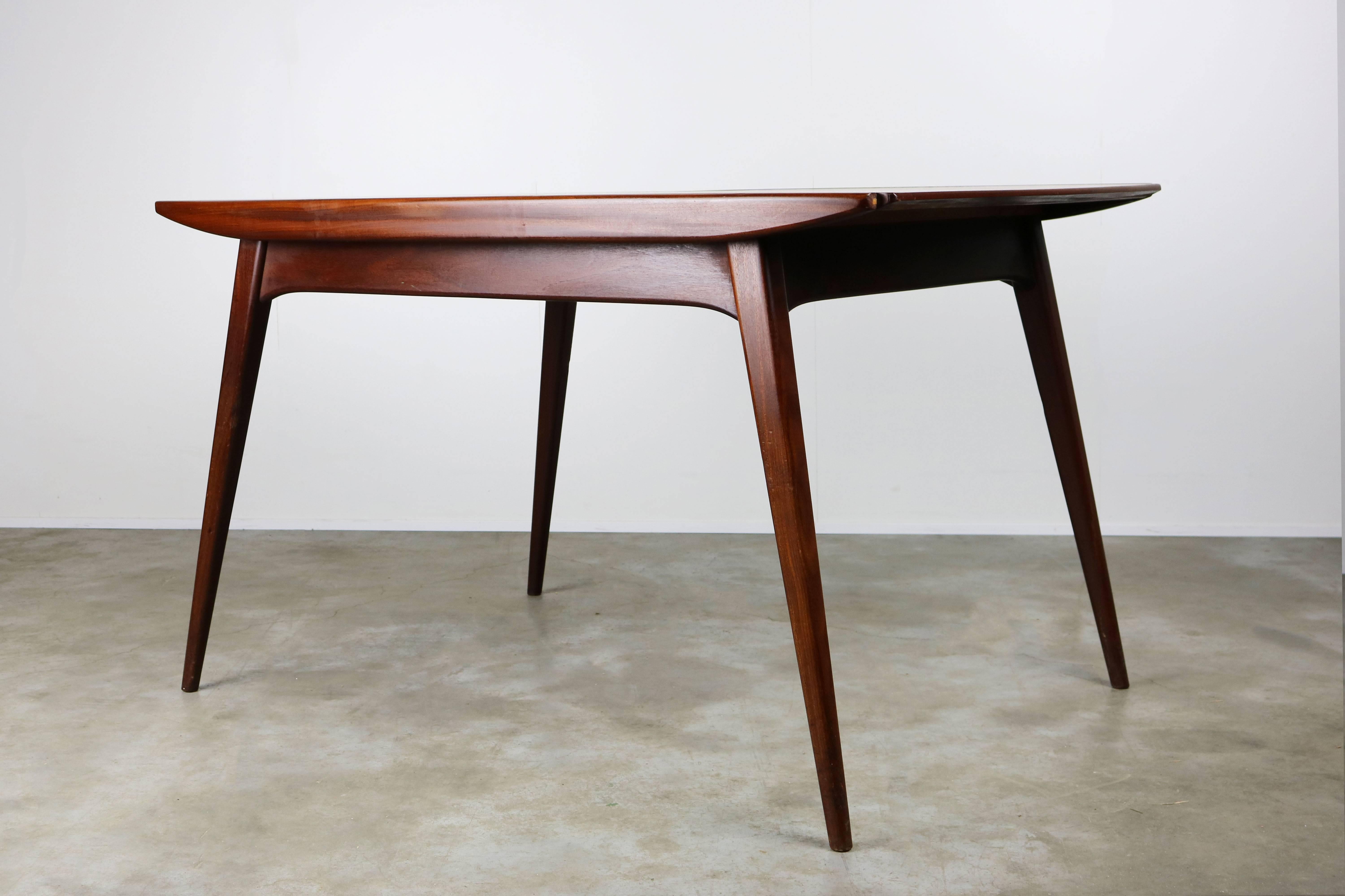 Dining Room Set by Louis Van Teeffelen for Webe 1950 Teak, Cow Leather, Brown In Good Condition In Ijzendijke, NL