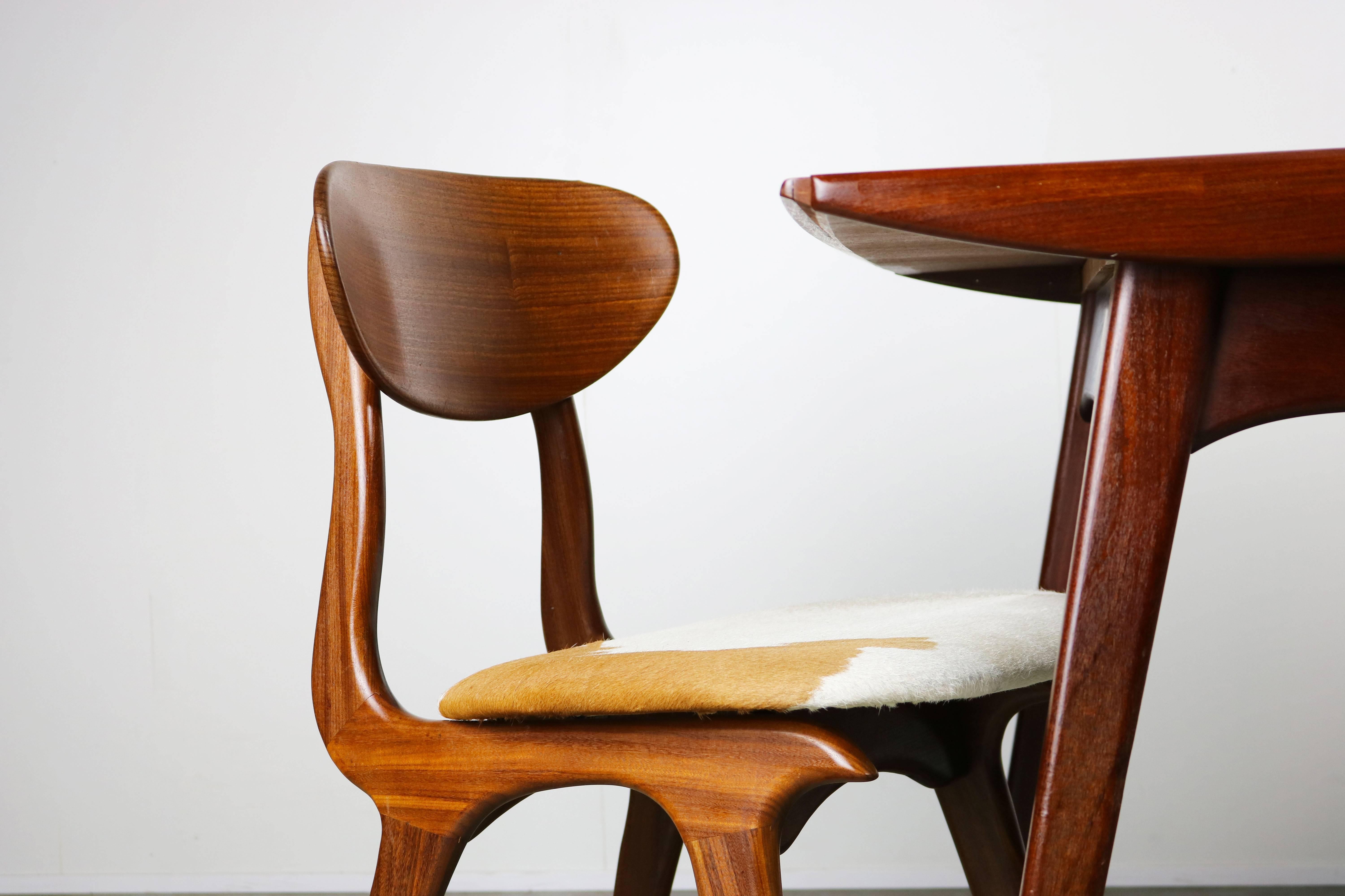 Mid-Century Modern Dining Room Set by Louis Van Teeffelen for Webe 1950 Teak, Cow Leather, Brown