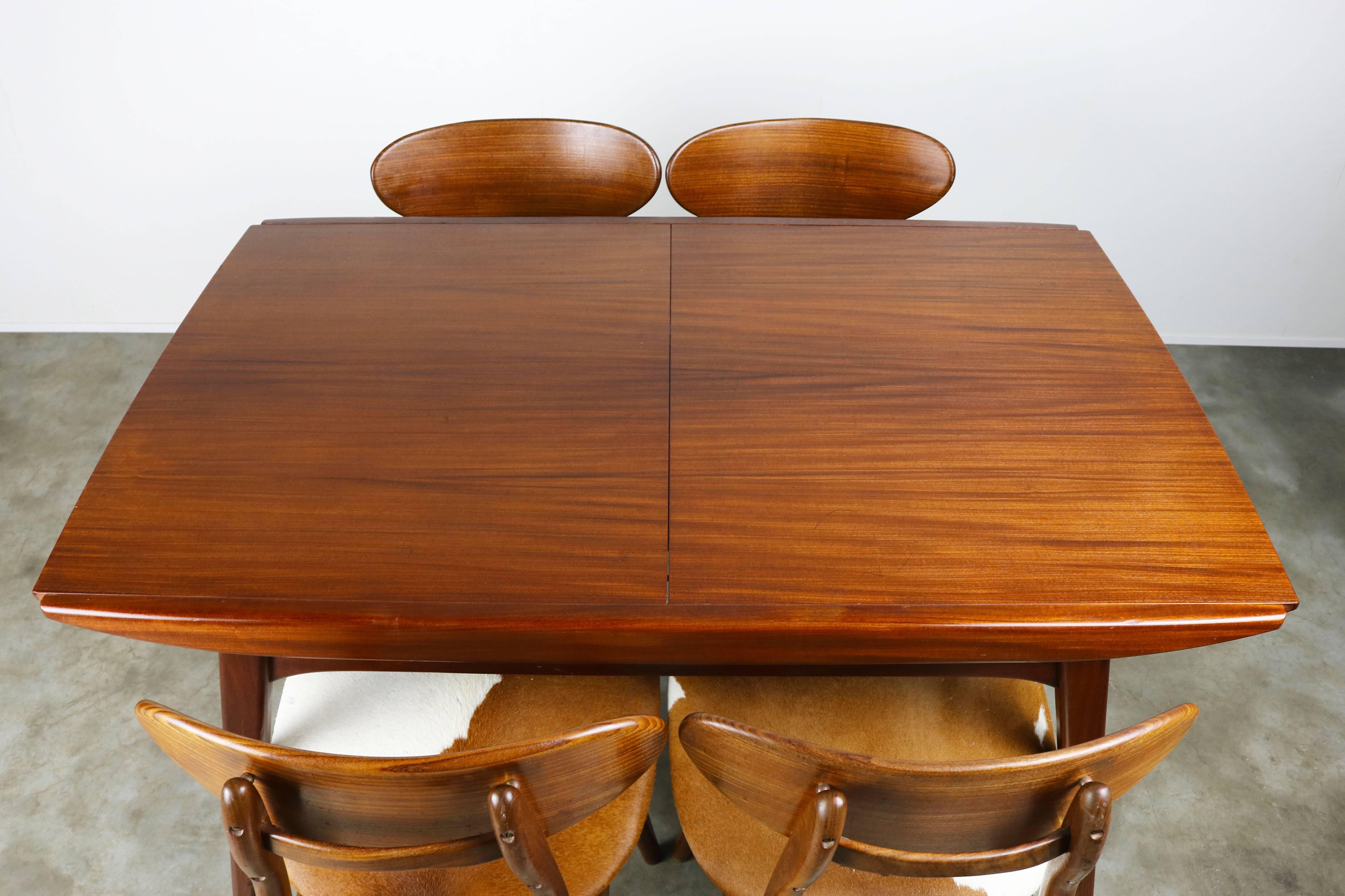 Mid-20th Century Dining Room Set by Louis Van Teeffelen for Webe 1950 Teak, Cow Leather, Brown