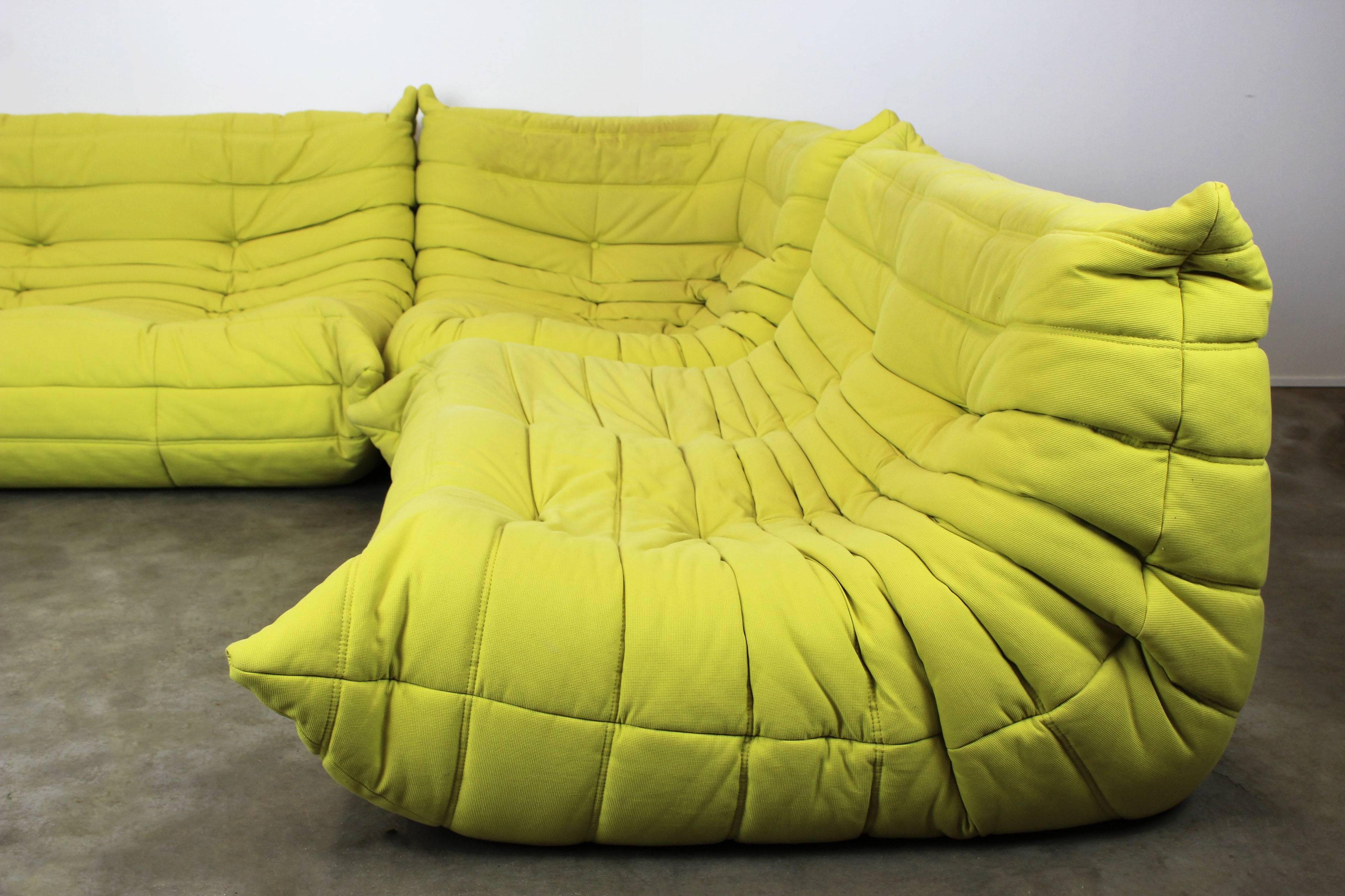French Togo Sofa Set or Livingroom Set Michel Ducaroy for Ligne Roset Pop Art Lime 1970