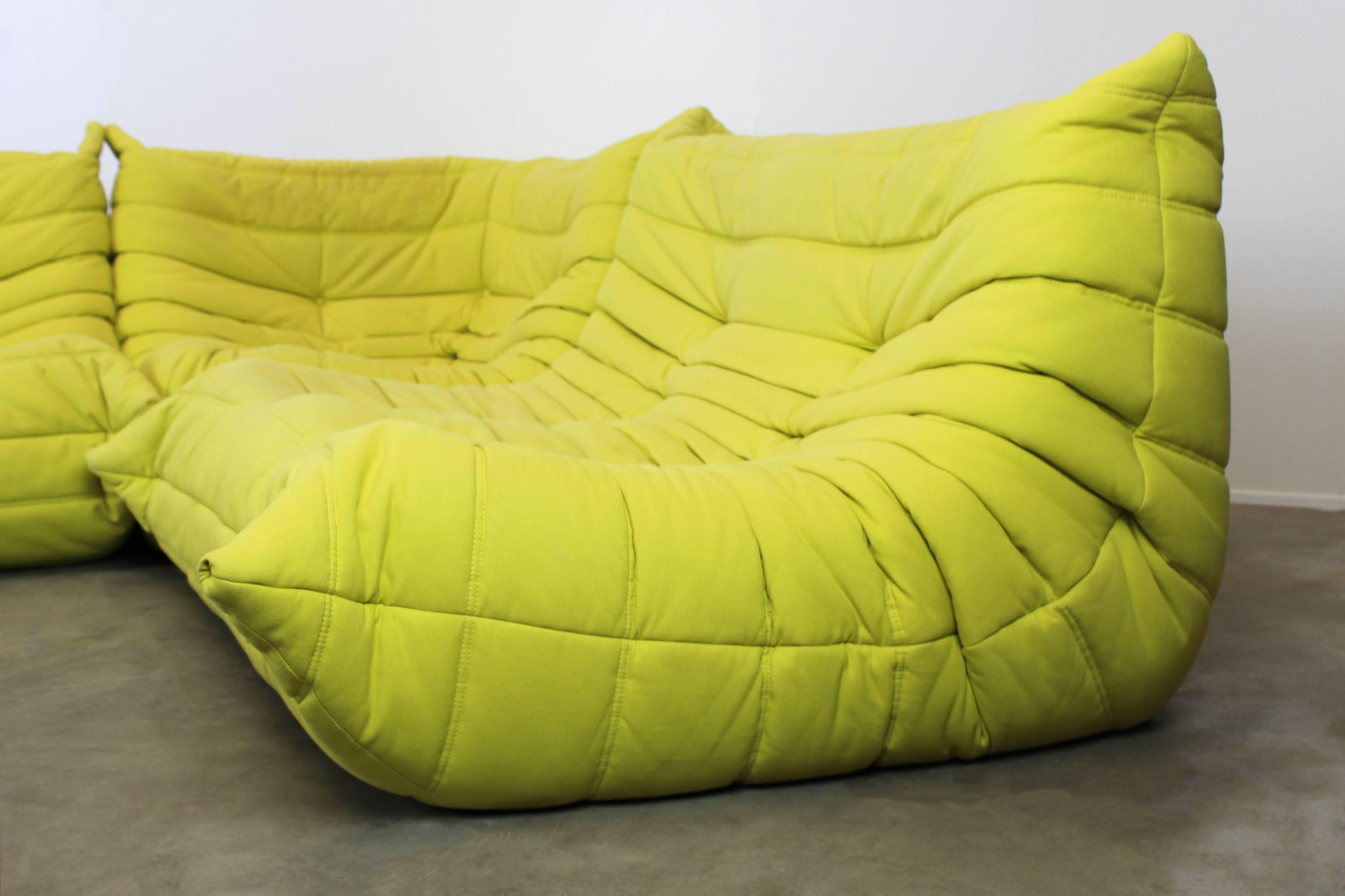 Fabric Togo Sofa Set or Livingroom Set Michel Ducaroy for Ligne Roset Pop Art Lime 1970