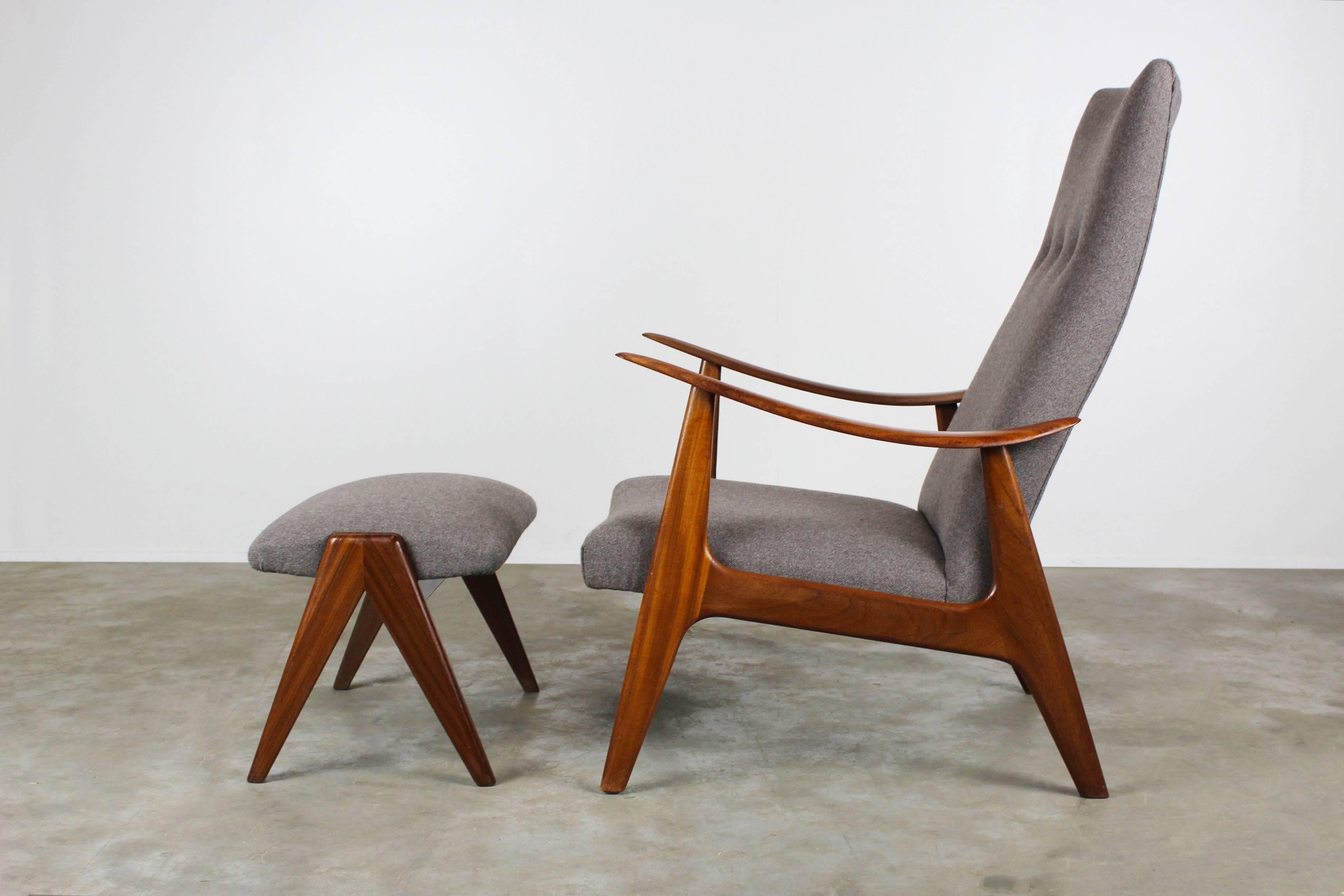 Dutch Louis Van Teeffelen Lounge Chair and Ottoman for Webe, 1960, Grey and Brown