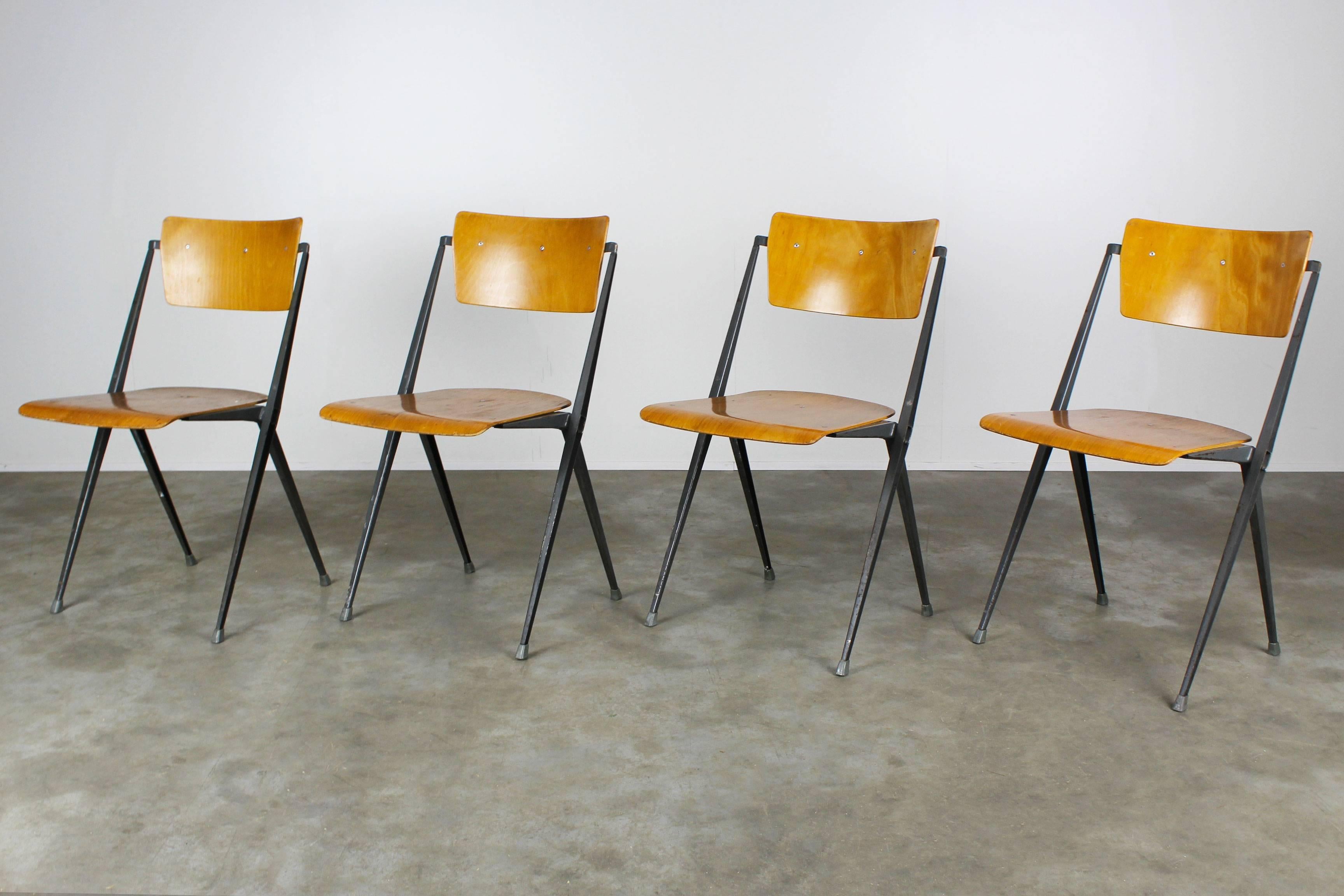 Metal Set of Four Pyramid Chairs Designed by Wim Rietveld for Ahrend de Cirkel, 1963 For Sale