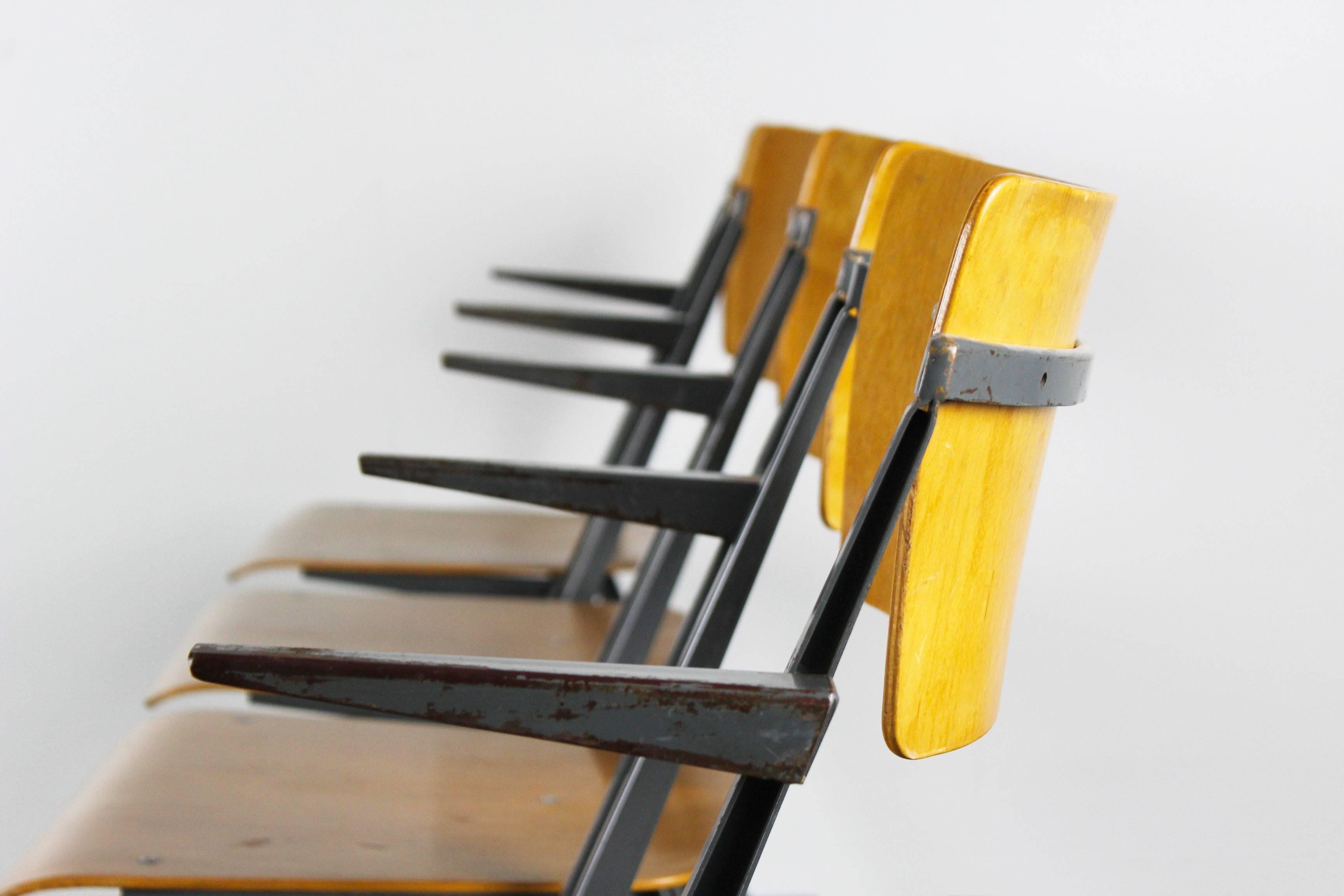 Set of Four Pyramid Chairs with Armrests Designed, Wim Rietveld, 1963 Grey Blue For Sale 1