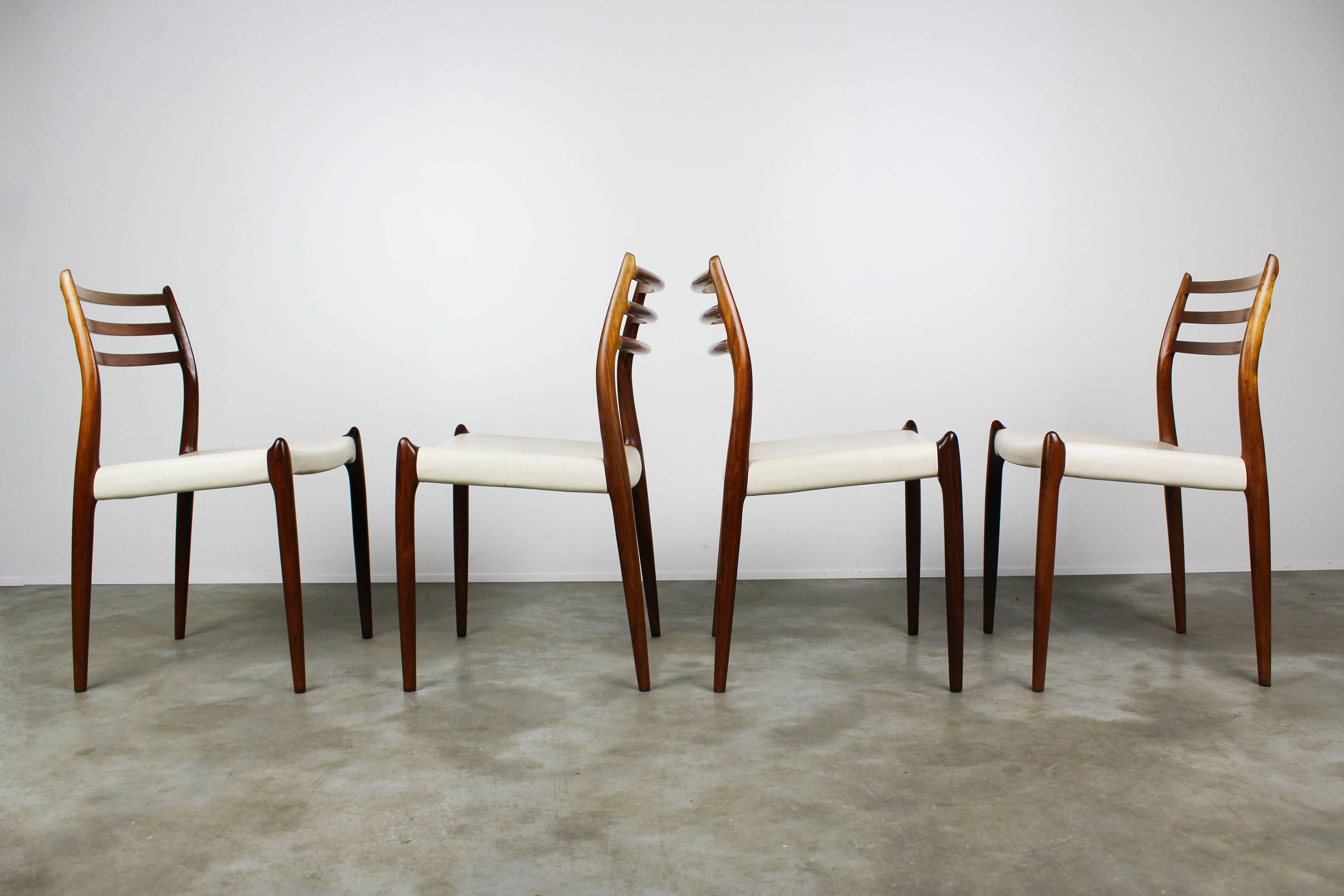 1950s Danish Dining Chairs Model 78 Niels Otto Moller Rosewood White Leather  3