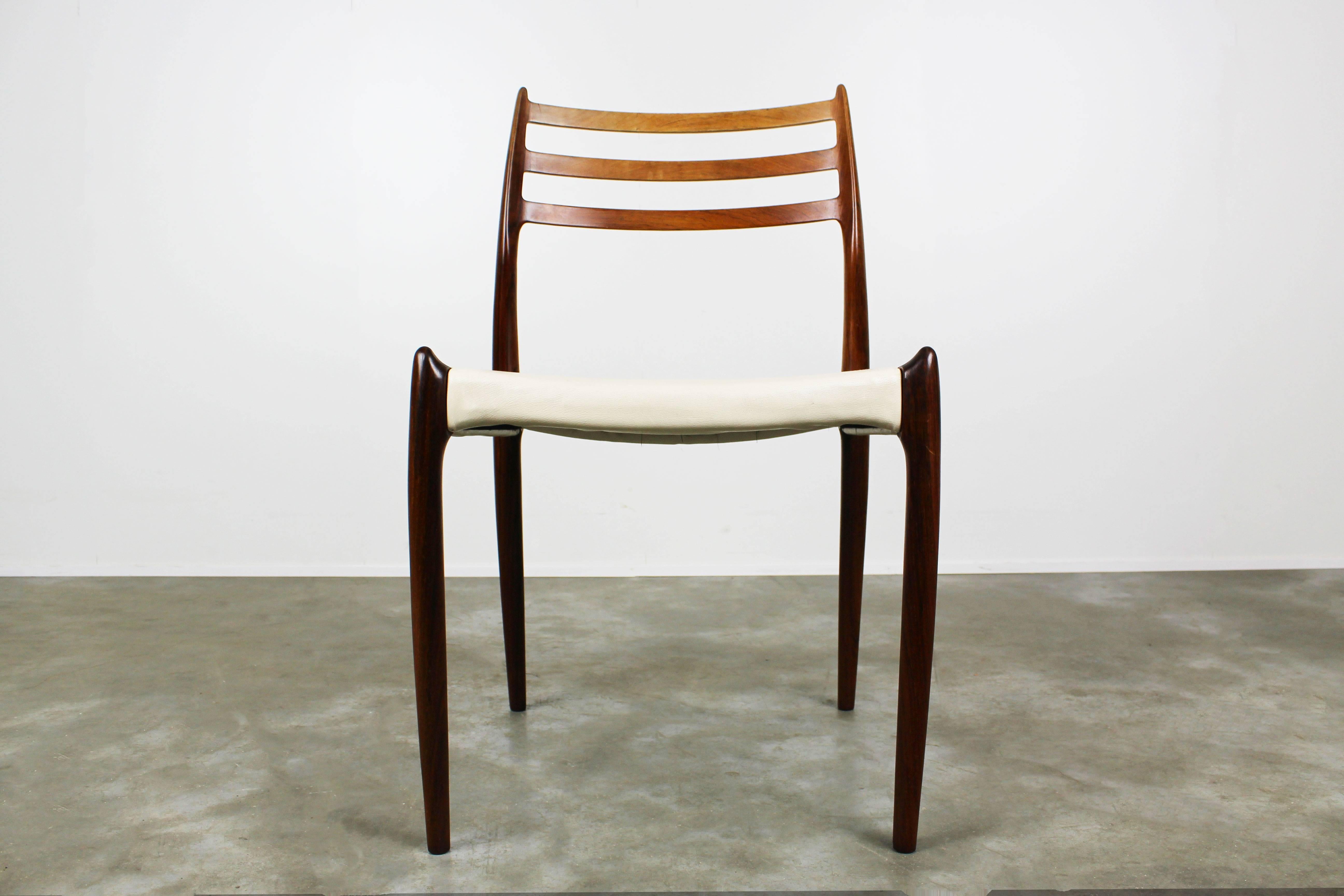 Mid-Century Modern 1950s Danish Dining Chairs Model 78 Niels Otto Moller Rosewood White Leather 