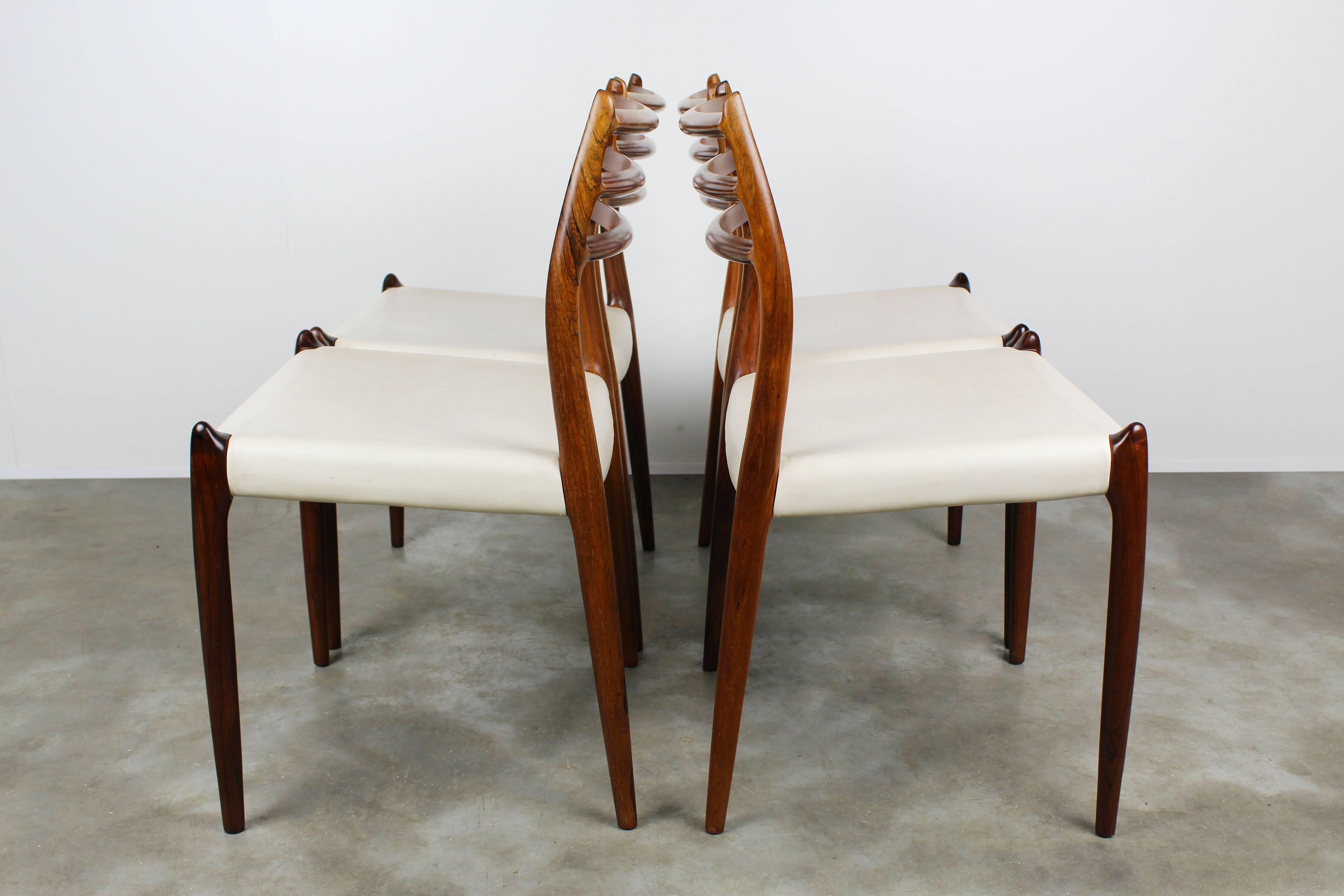 1950s Danish Dining Chairs Model 78 Niels Otto Moller Rosewood White Leather  2