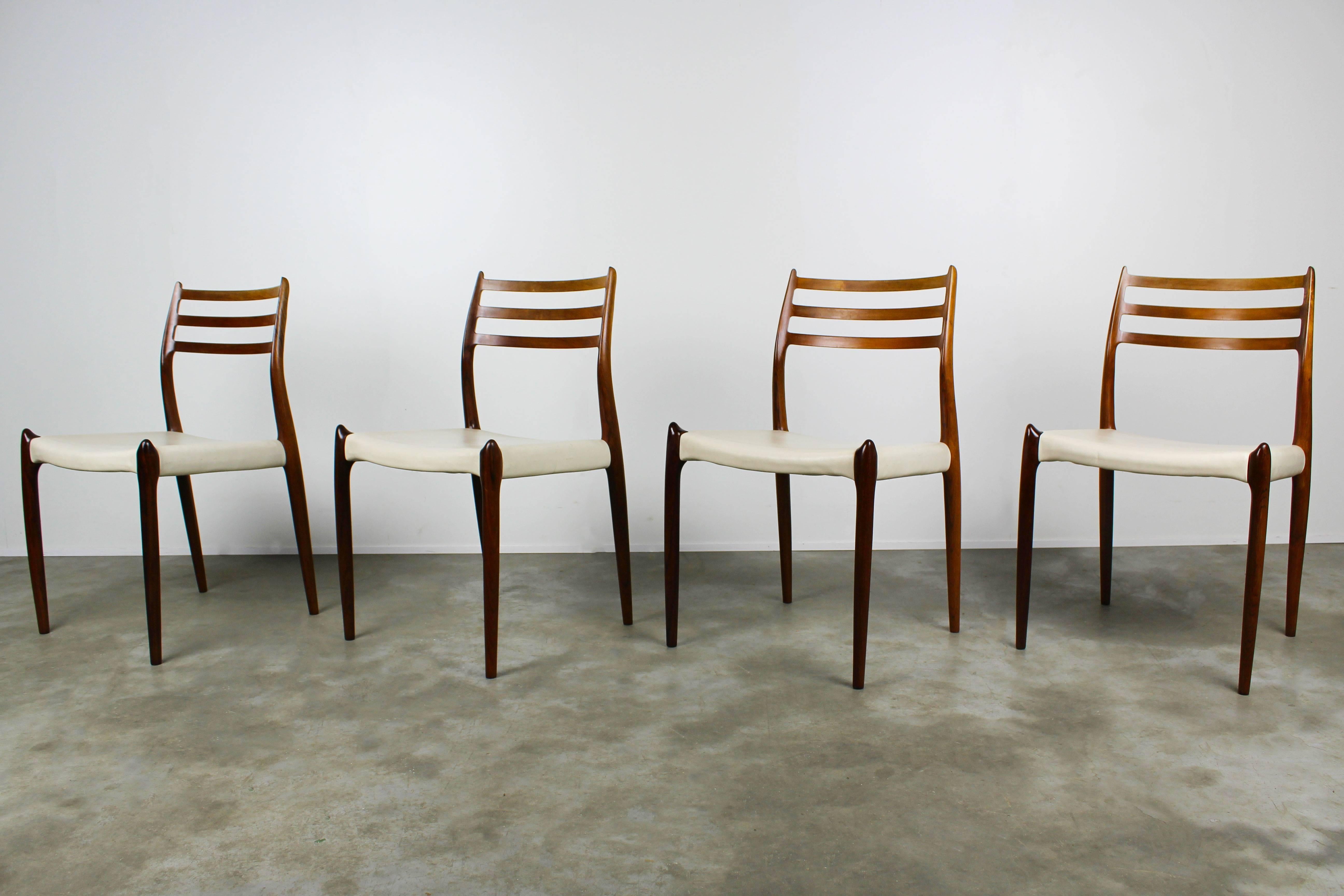 Mid-20th Century 1950s Danish Dining Chairs Model 78 Niels Otto Moller Rosewood White Leather 
