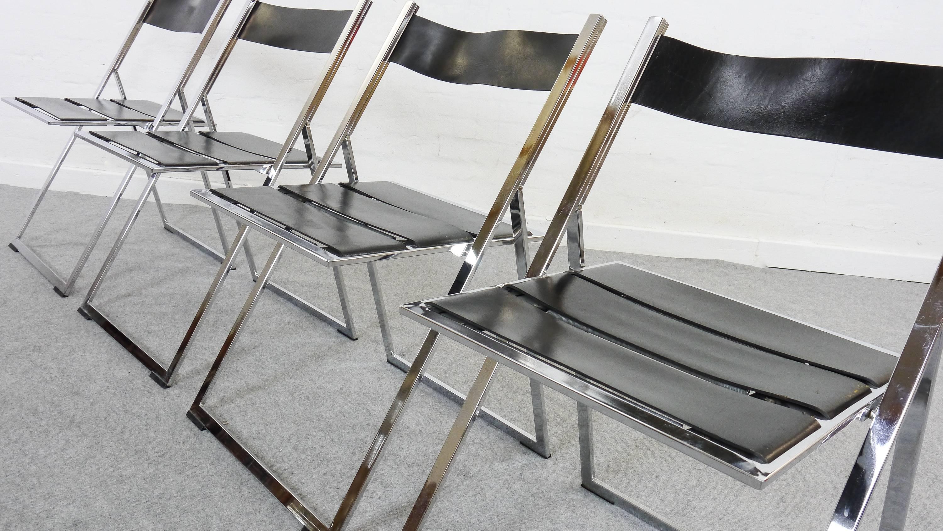 Mid-Century Modern Set of Four Vono/Elios Folding Chairs-Dining Chairs by Lübke Leather and Chrome