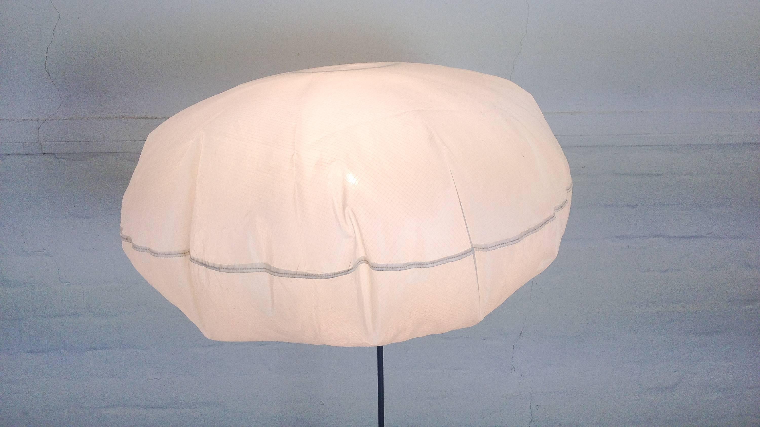 A Scandinavian Globlow floor lamp, produced by Snowcrash and collaboratively designed by Vesa Hinkola, Markus Nevalainen, and Rane Vaskivuori in 1997. When switched on, a built-in fan blows up the ca. 50 cm diameter lamp screen almost silently. The
