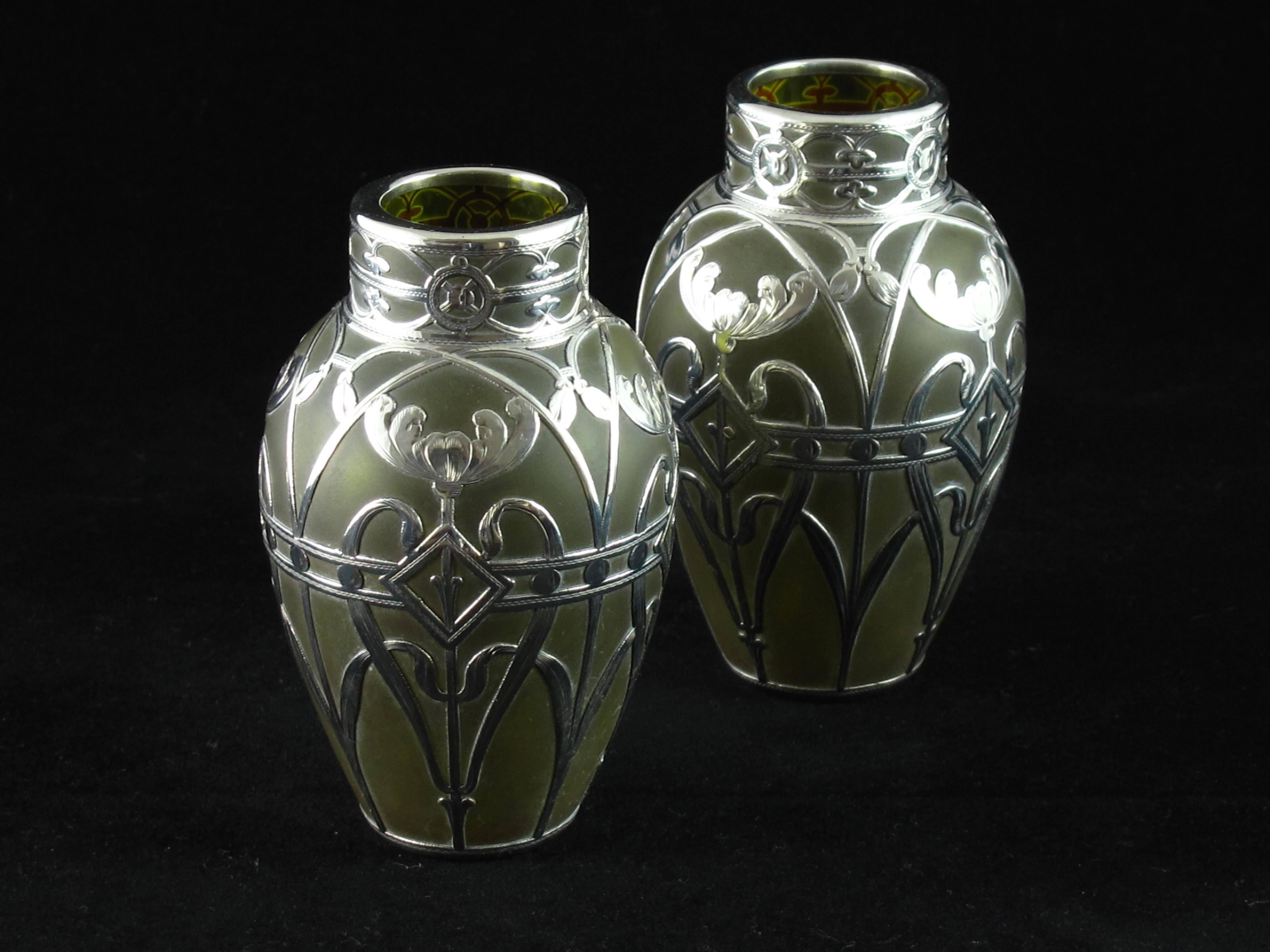 Czech Art Nouveau pair of Loetz 'Olympia' Silver Overlay Vases