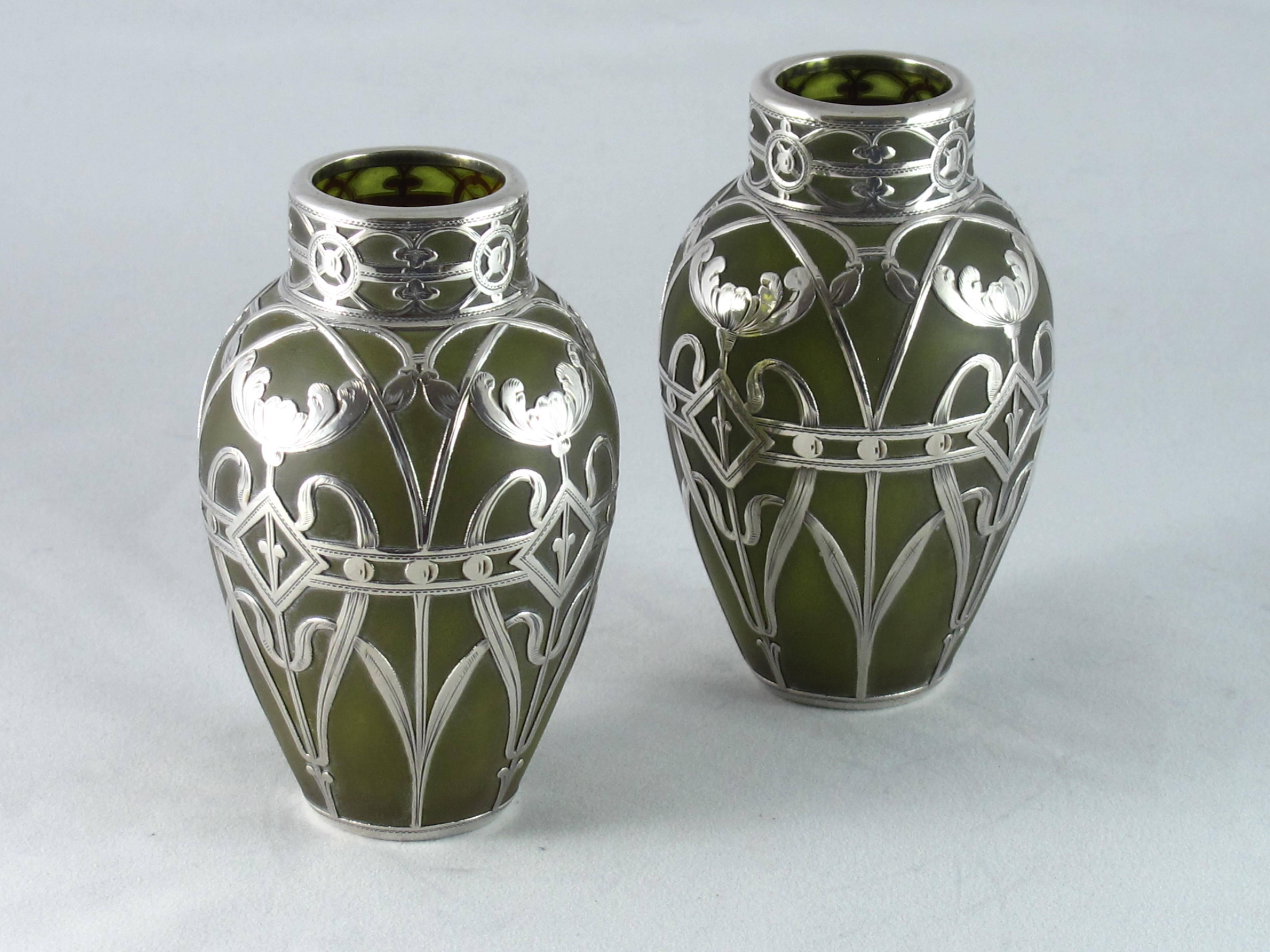 Art Nouveau pair of Loetz 'Olympia' Silver Overlay Vases In Excellent Condition In Elswick, GB