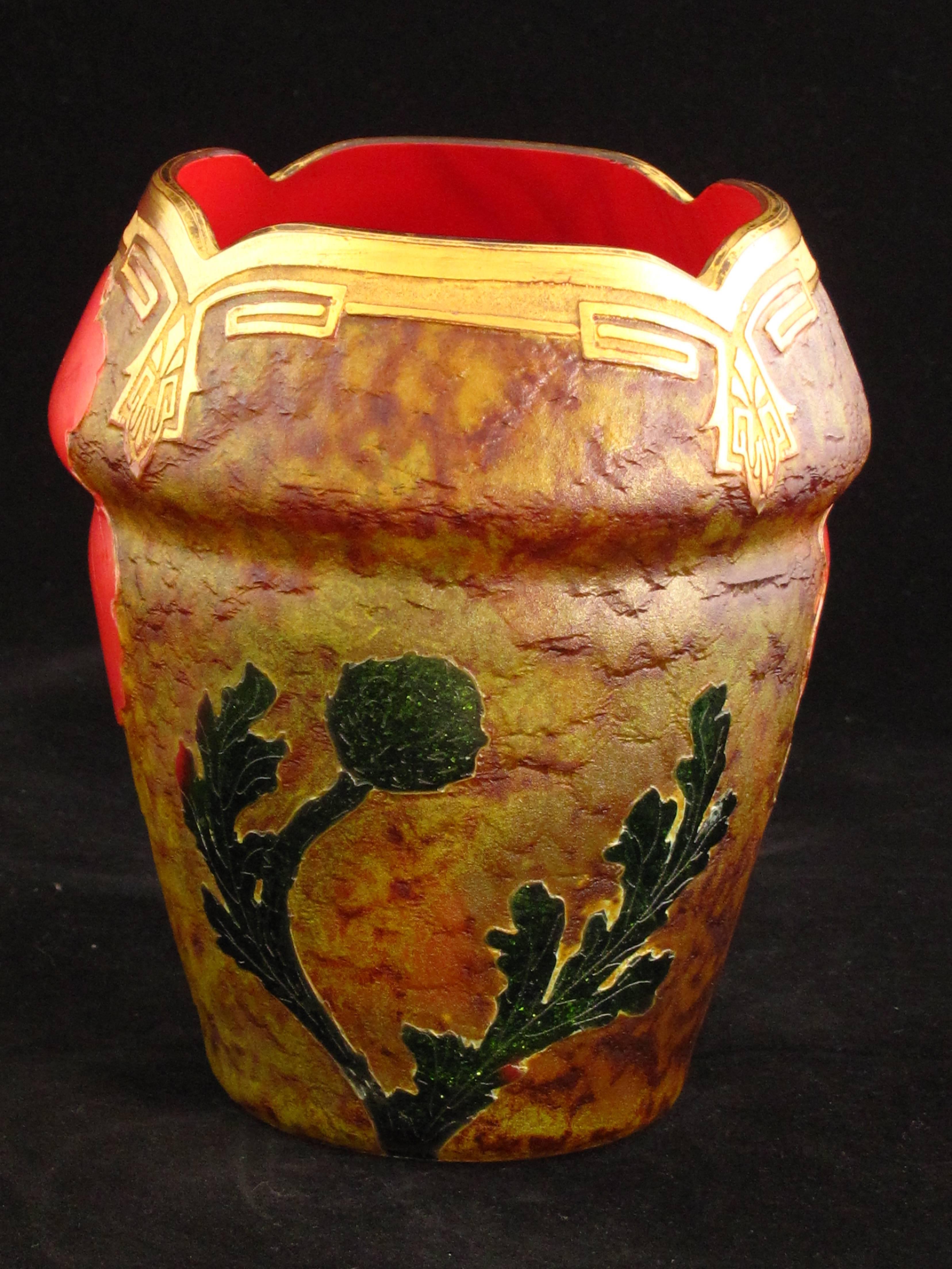 A Legras vase in the Indiana pattern. Signed 'Indiana' and L& Cie to underside. Stunning cameo glass vase with red poppies and aventurine leaves. Highlighted with gilt. Approximate 15 cm tall, French, circa 1900. Very detailed work and a superb