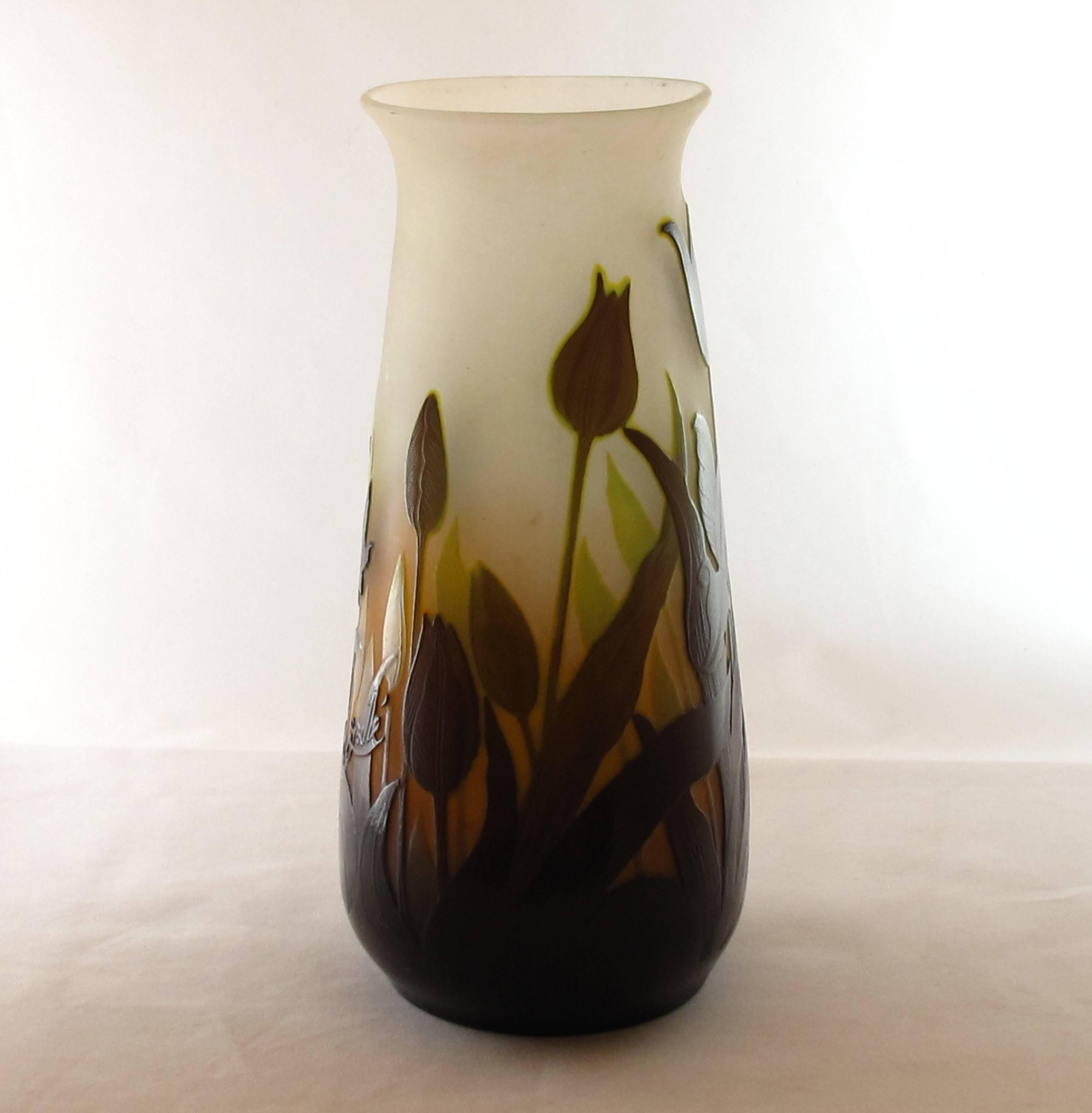 French Emile Galle Cameo Glass Vase Acid Etched with Flowers and Leaves