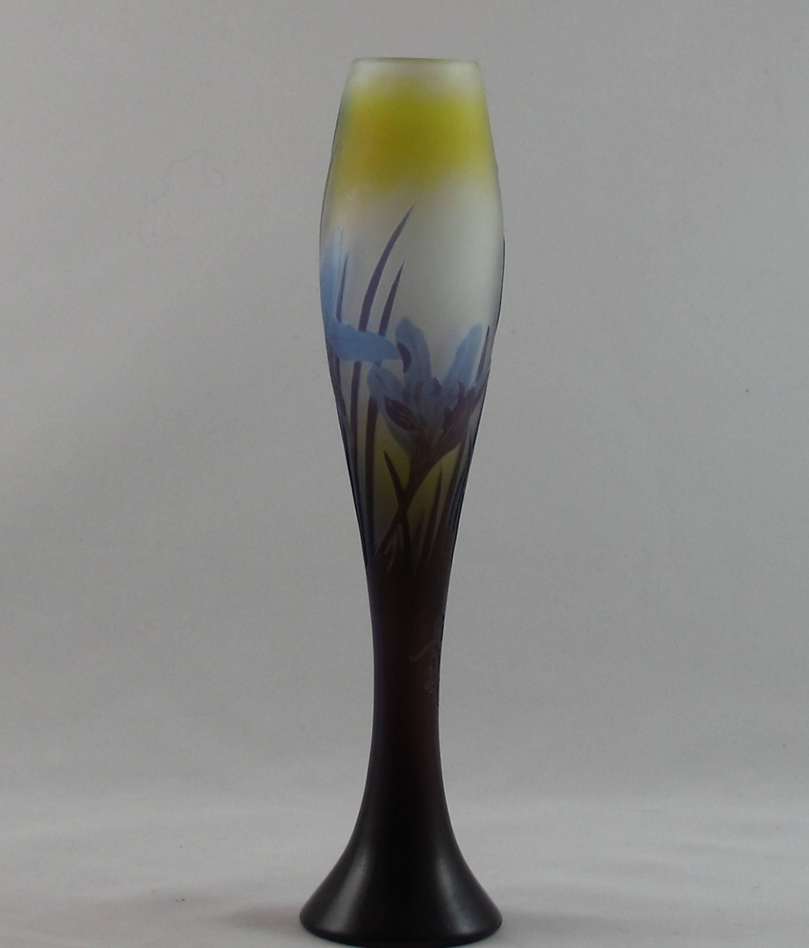 French Art Nouveau Emile Galle Vase Decorated with Crocus Leaves and Flowers For Sale