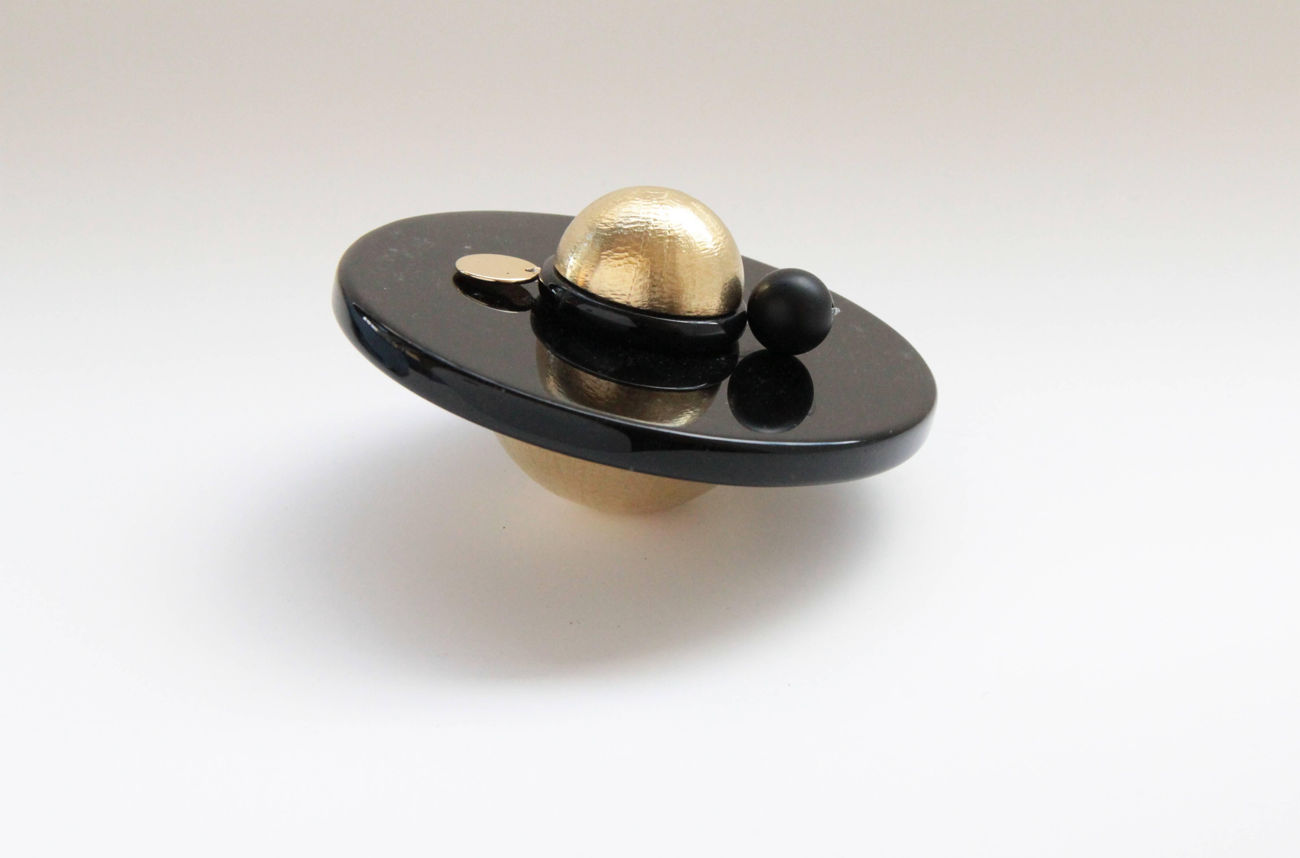 Modern Saturno Contemporary Black Obsidian Glass Brass Paperweight Sculpture Object For Sale