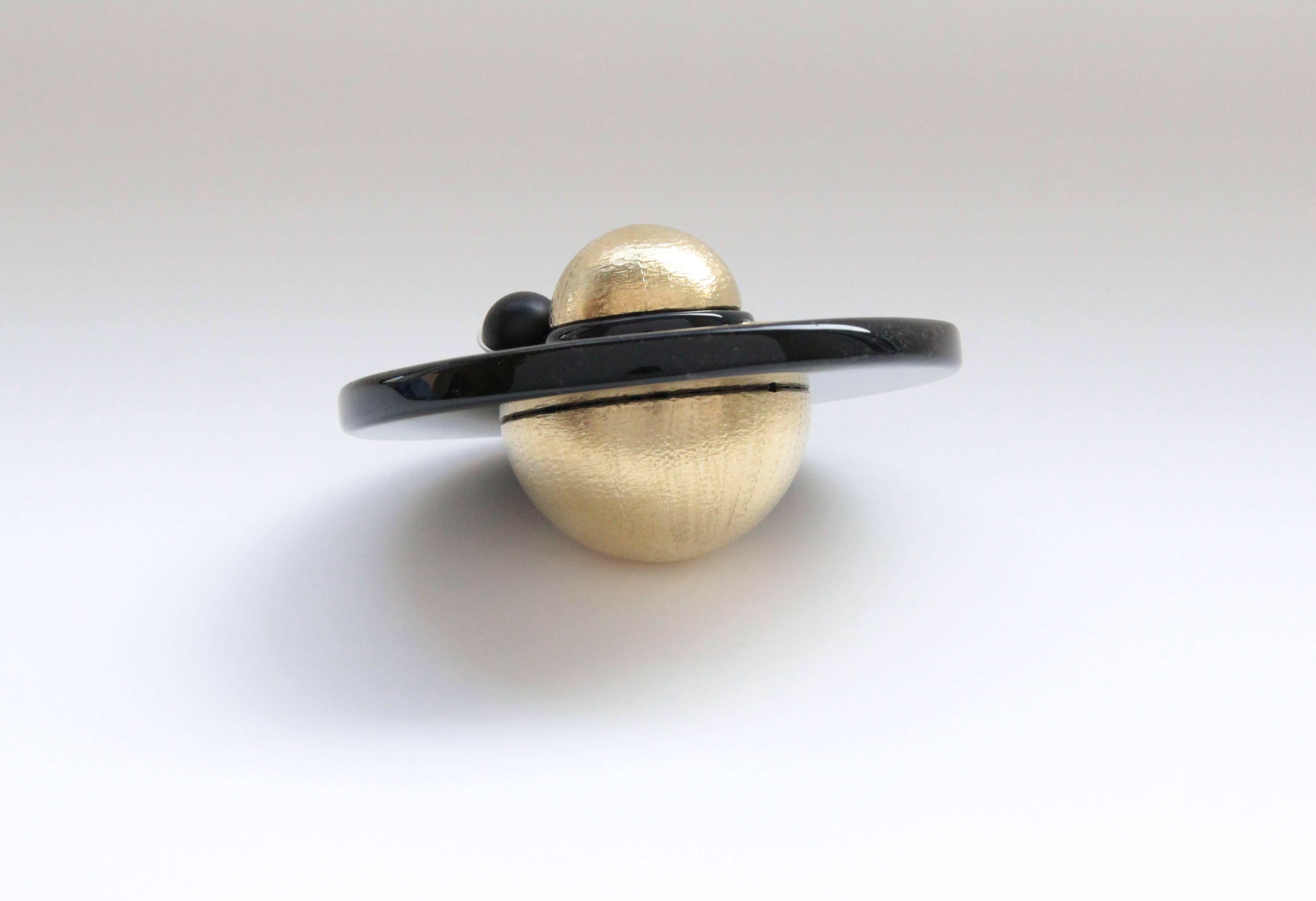 Etched Saturno Contemporary Black Obsidian Glass Brass Paperweight Sculpture Object For Sale