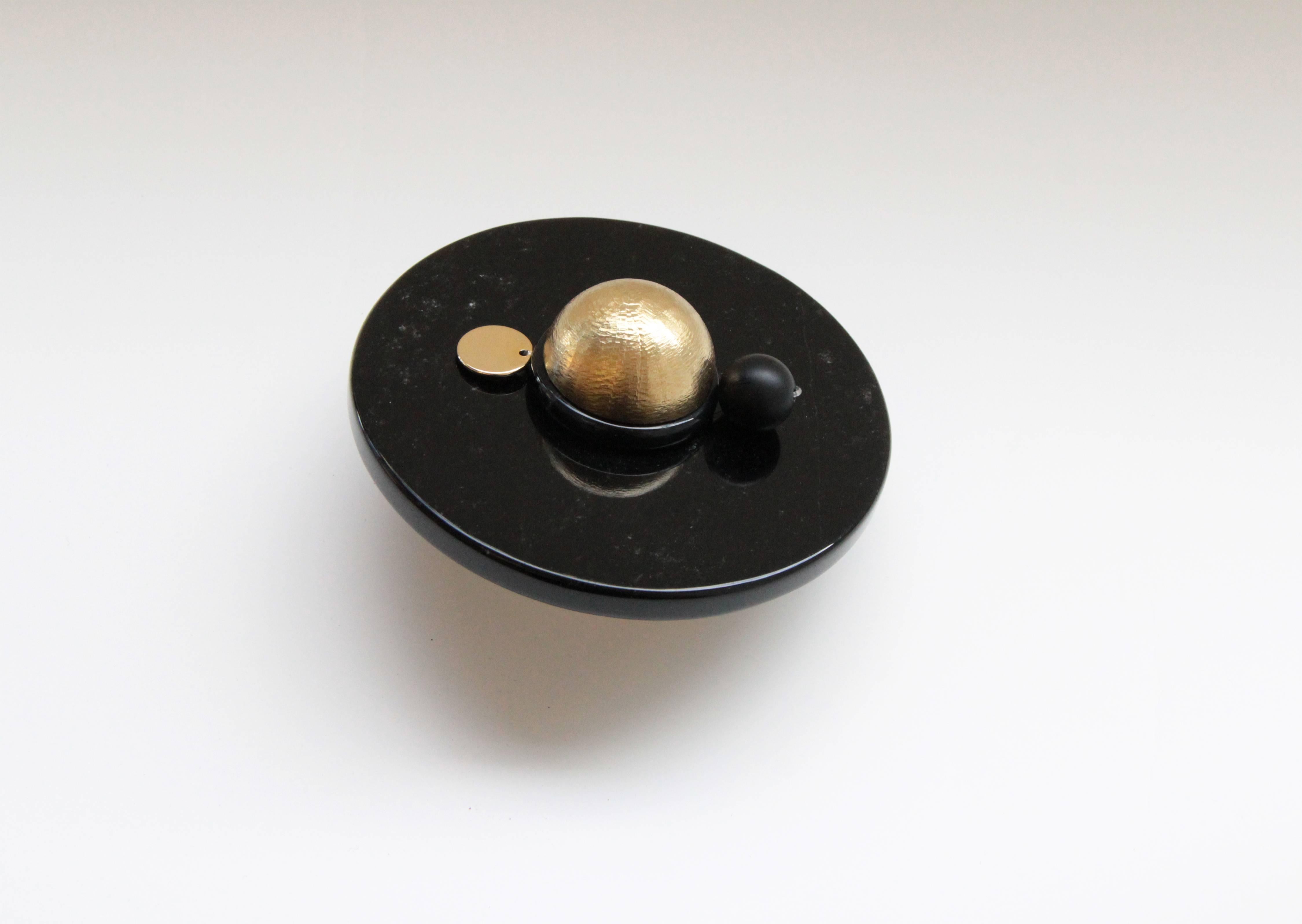 American Saturno Contemporary Black Obsidian Glass Brass Paperweight Sculpture Object For Sale