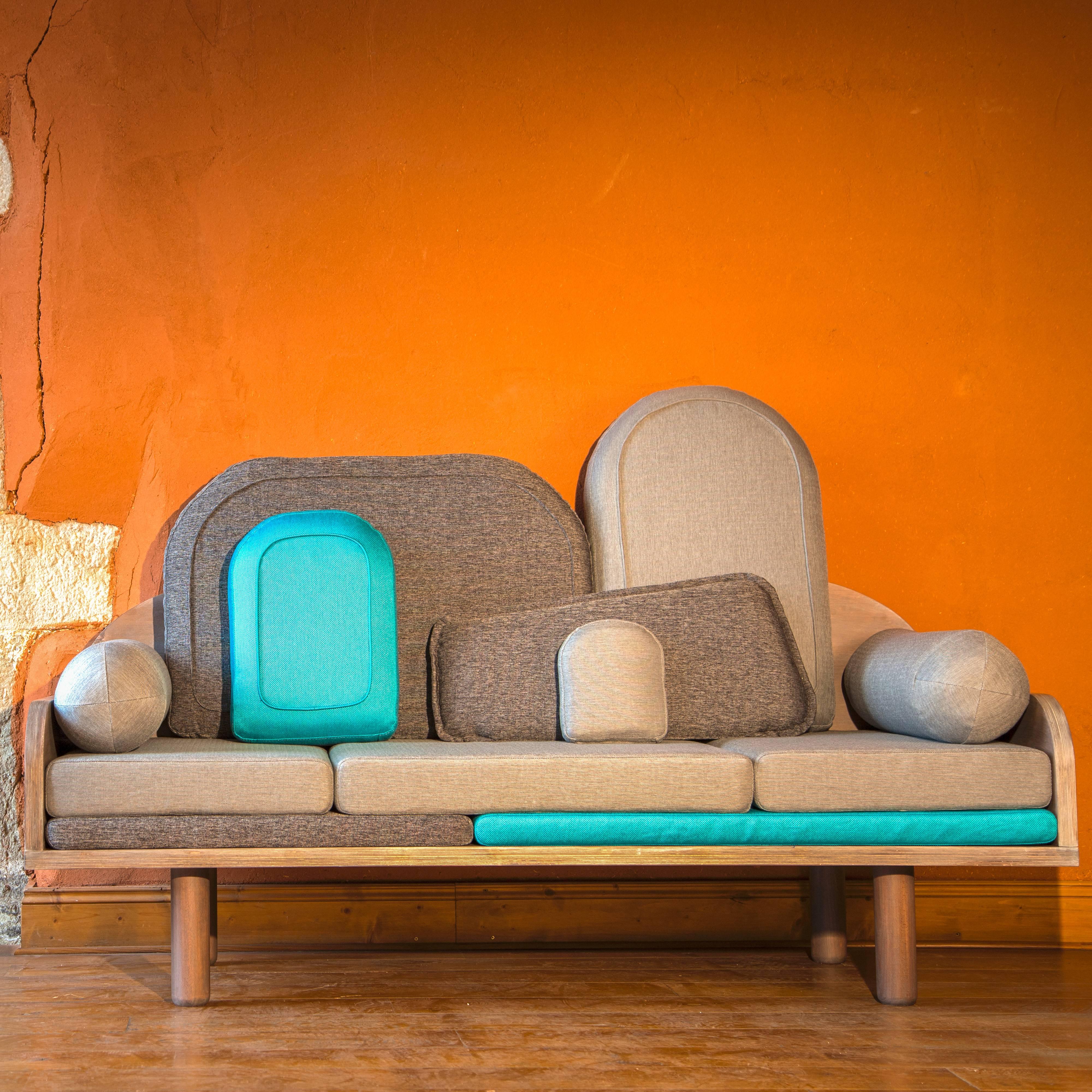 Modern Contemporary Sofa by Margaux Keller, in oak plywood with abundance of cushions  For Sale