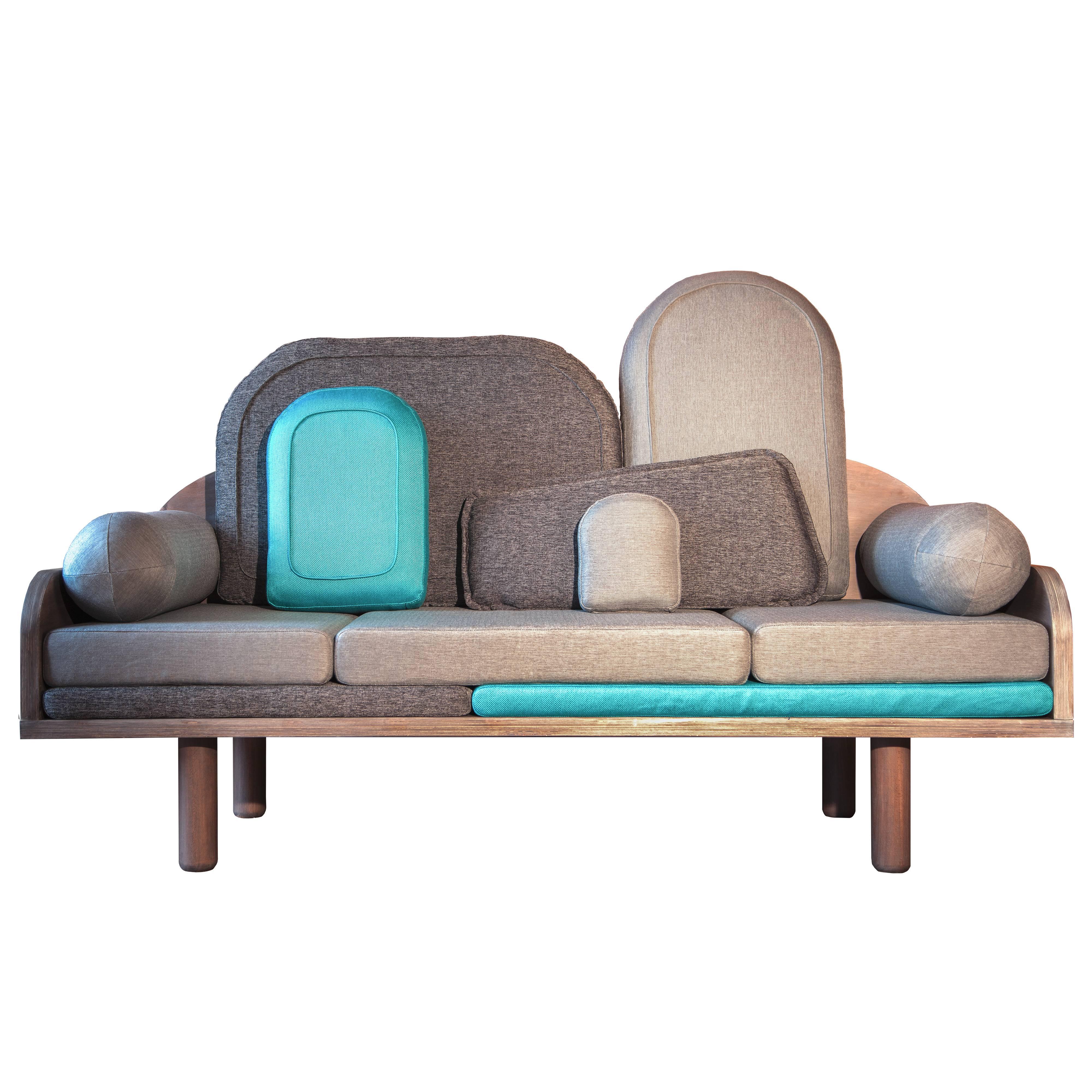 Wood Contemporary Sofa by Margaux Keller, in oak plywood with abundance of cushions  For Sale