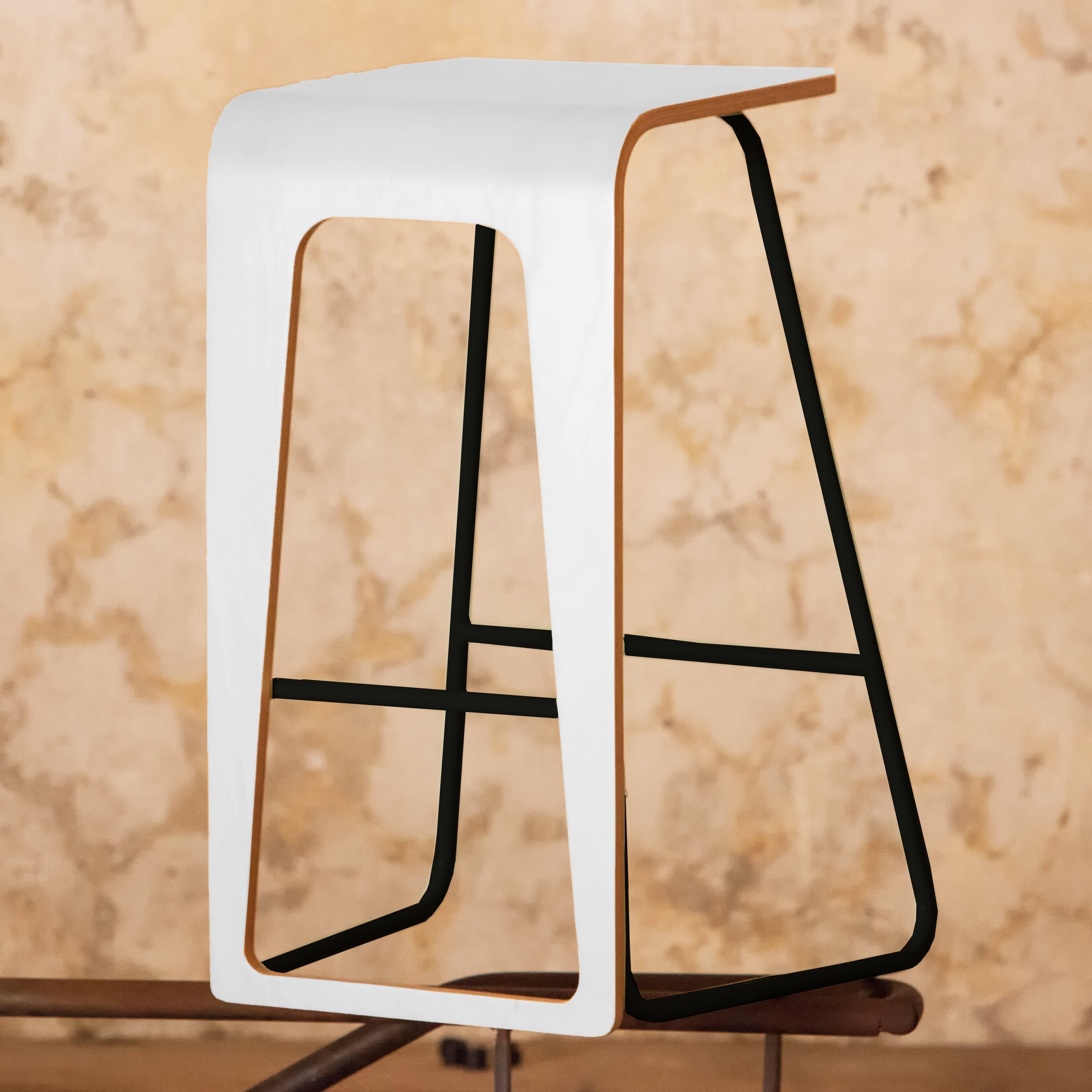 French Contemporary bar stool by Le Point D with metal color frame and plywood seat For Sale