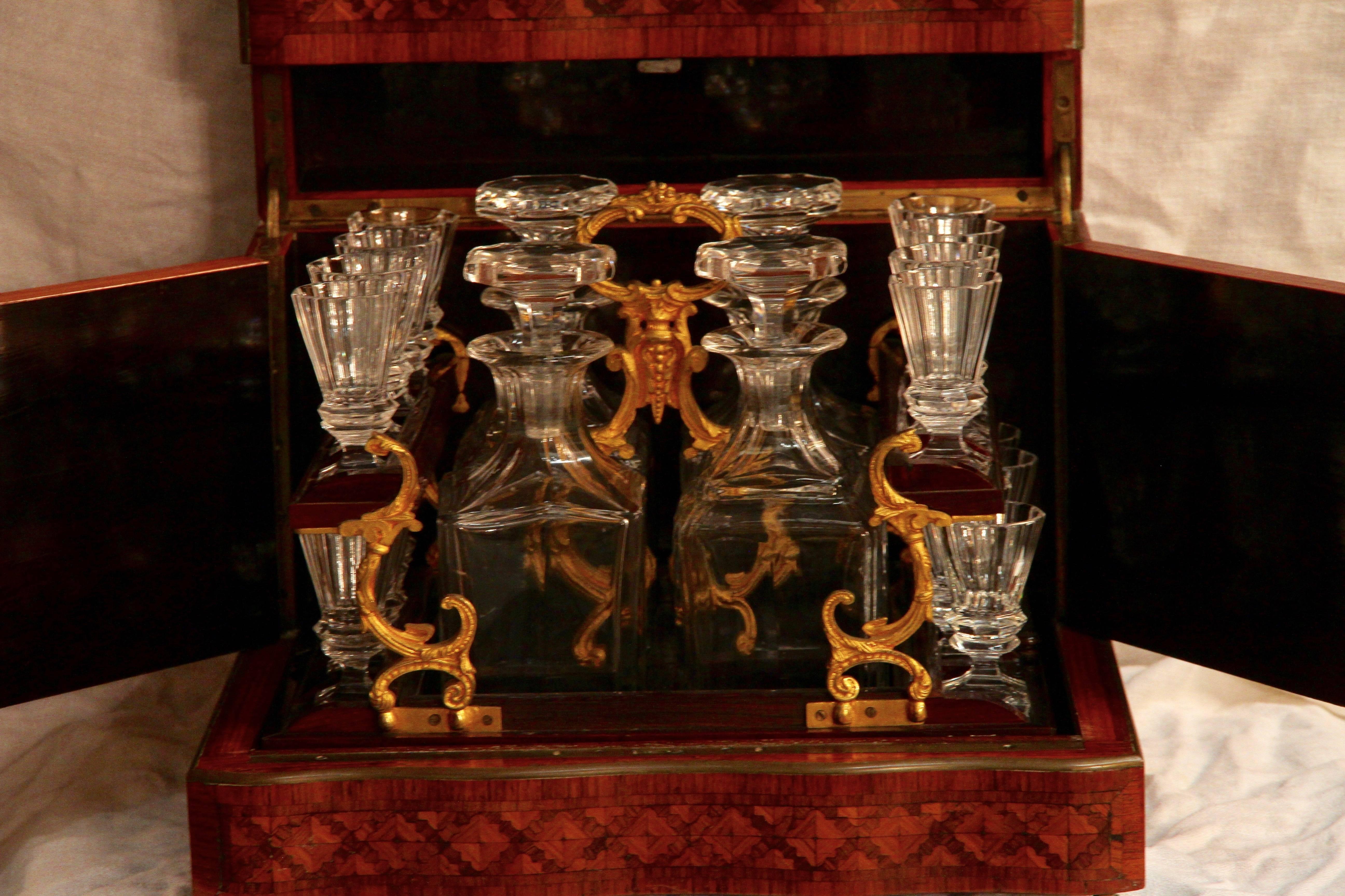 European Liquor Cellar in Palissander, Marquetry, Bronze and Brass, 19th Century