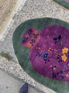 1920s Chinese Art Deco Oval Wool Vase Rug, Purple and Green, 3 × 5.1 ft - 1B1006