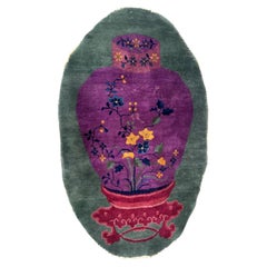 1920s Chinese Art Deco Oval Wool Vase Rug, Purple and Green, 3 × 5.1 ft - 1B1006